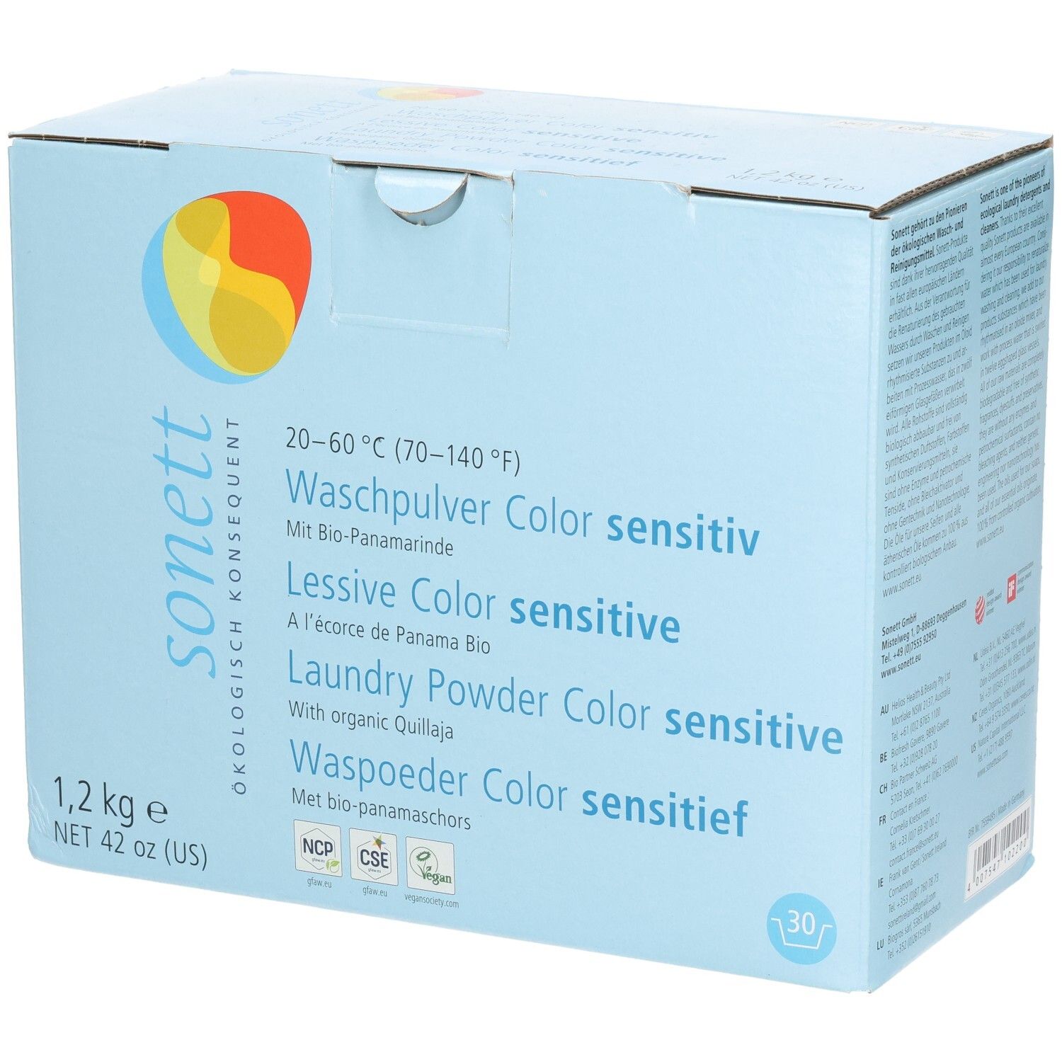 Hellblaue Kartonverpackung. Aufschrift: Waschpulver Color sensitiv, 1,2 kg. Logo: sonett. Zertifizierungen.