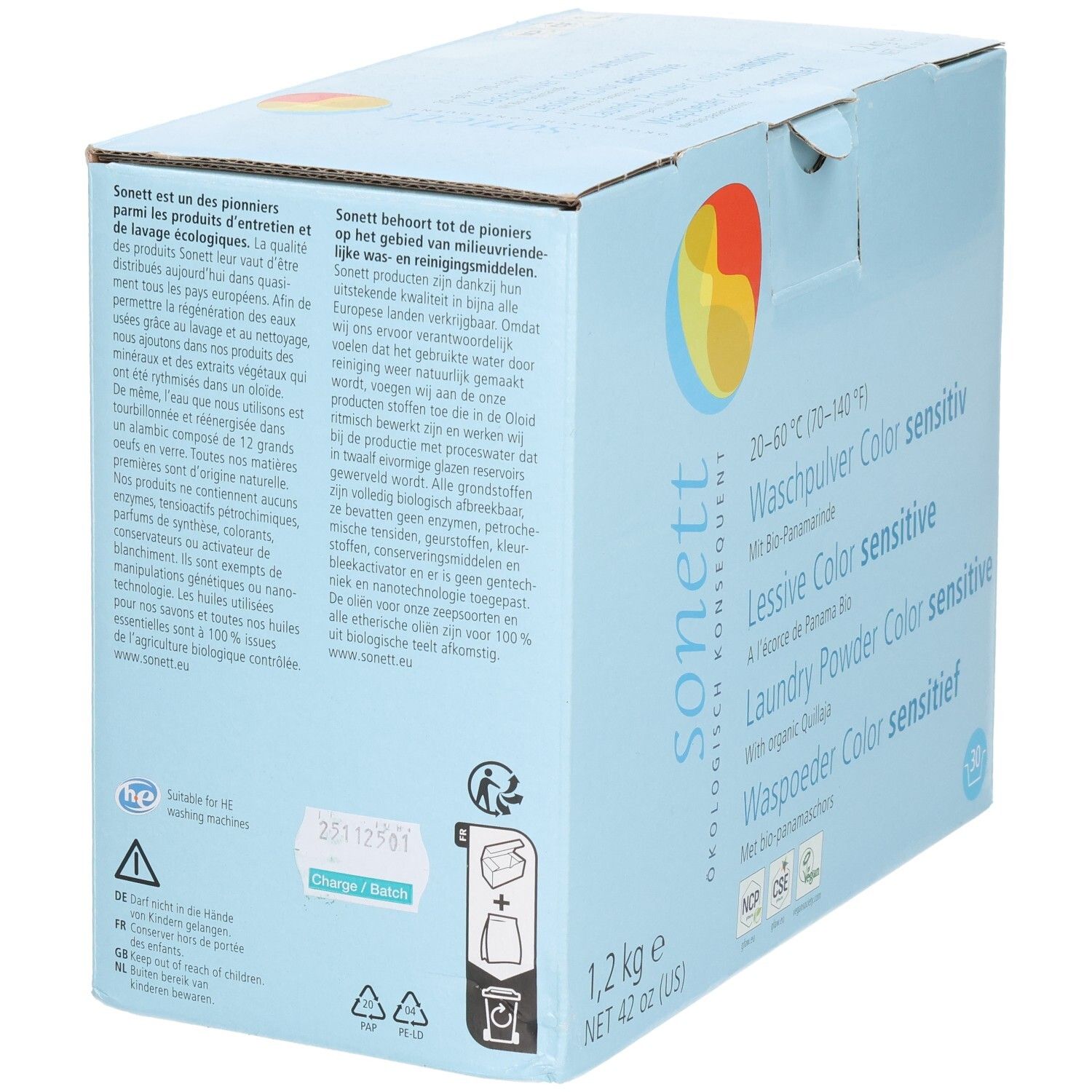 Rückseite der Kartonverpackung. Text in mehreren Sprachen. Informationen zur Anwendung und Inhaltsstoffen. Logo: sonett.