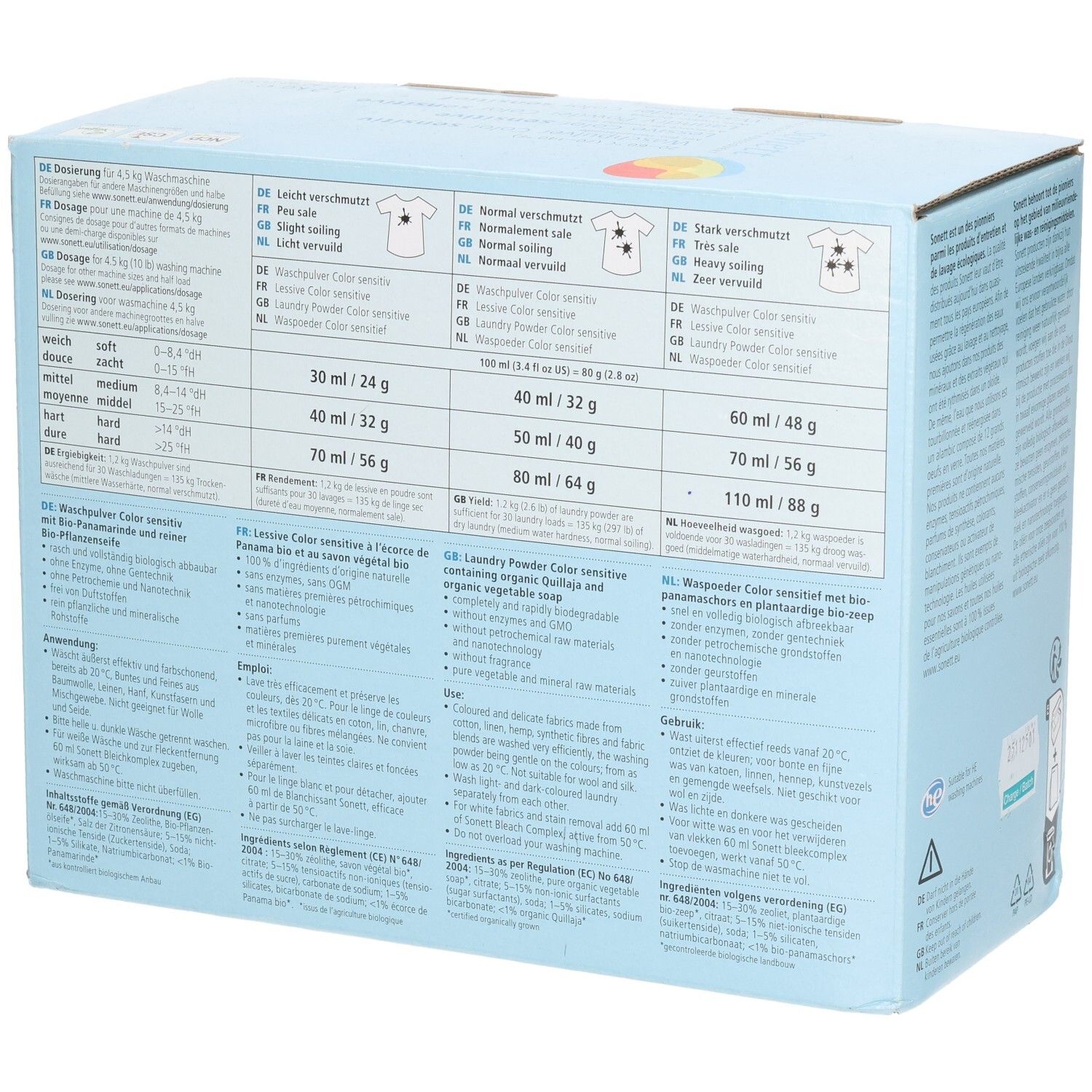 Rückseite der Kartonverpackung. Tabellen mit Dosierungsempfehlungen. Text in mehreren Sprachen. Logo: sonett.