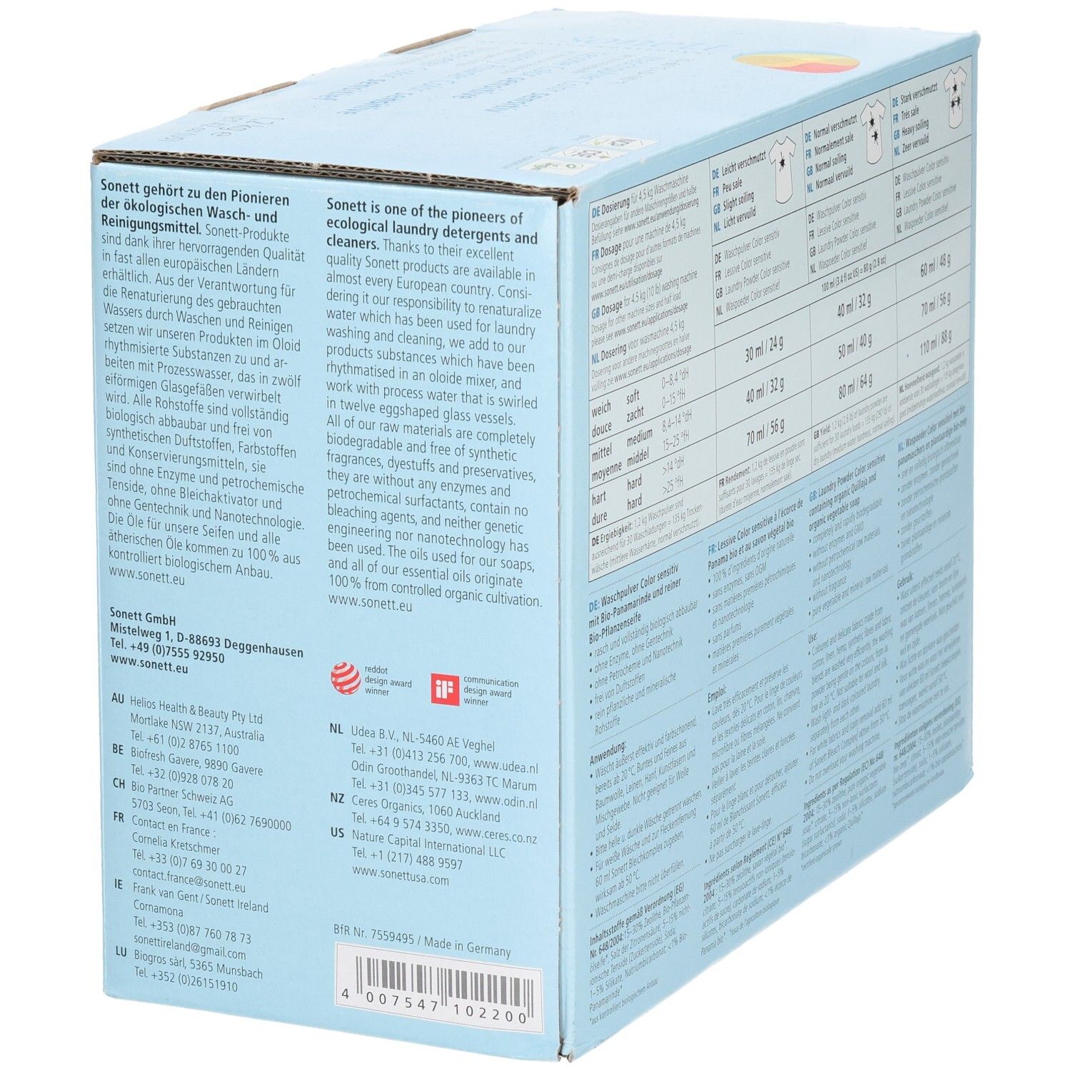 Rückseite der Kartonverpackung. Text in mehreren Sprachen. Informationen über das Produkt und die Marke. Logo: sonett.