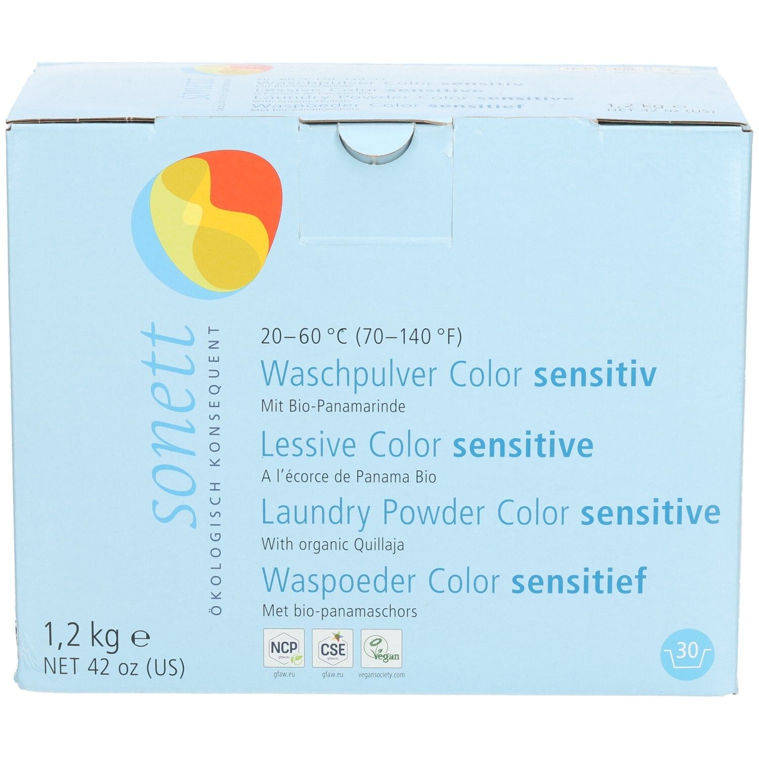 Hellblaue Kartonverpackung. Aufschrift: Waschpulver Color sensitiv, 1,2 kg. Logo: sonett. Zertifizierungen.