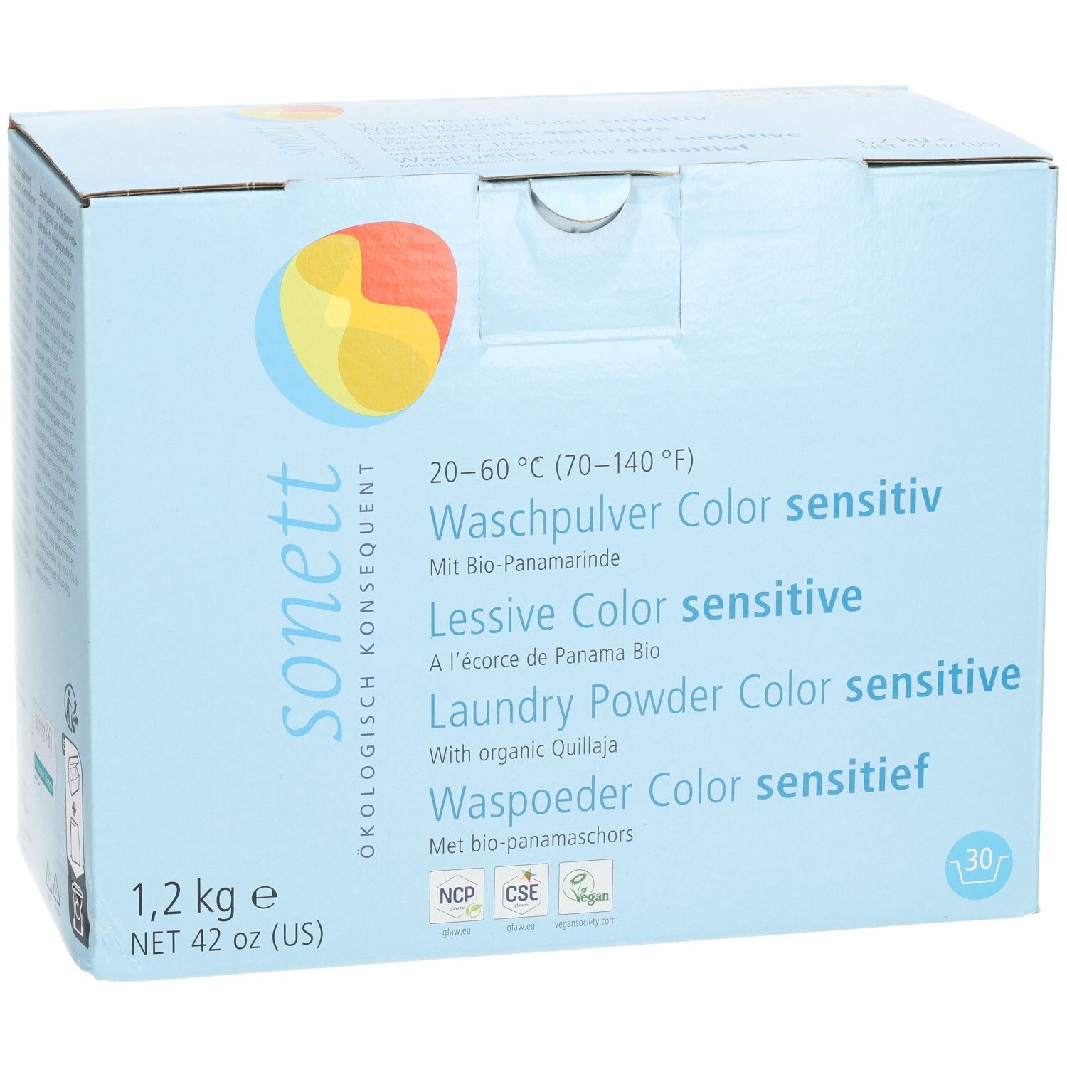 Hellblaue Kartonverpackung. Aufschrift: Waschpulver Color sensitiv, 1,2 kg. Logo: sonett. Zertifizierungen.