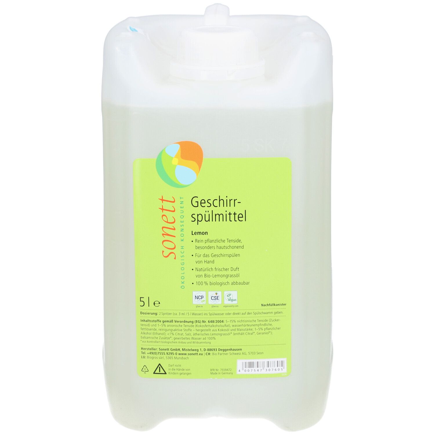 Großer, rechteckiger Kanister mit Spülmittel. Aufschrift: Sonett Geschirrspülmittel Zitrone. 5l.