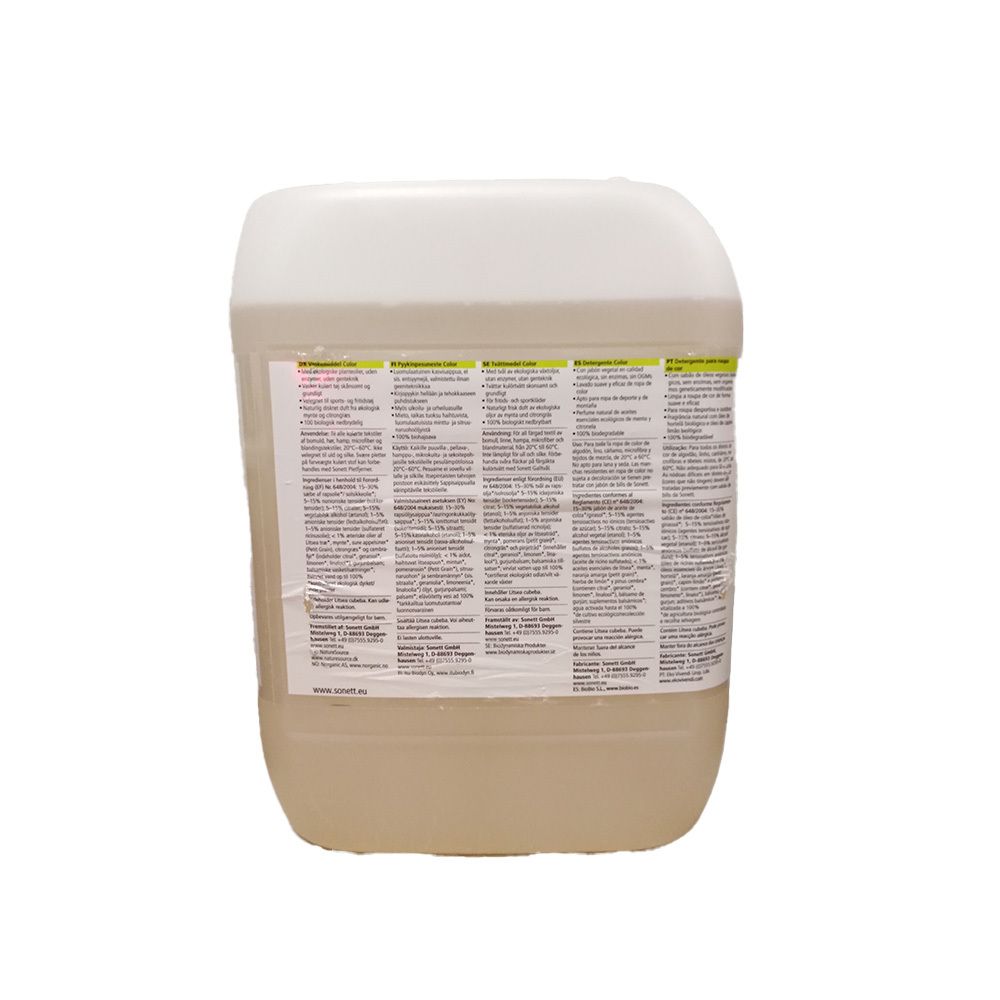 Kanister mit Waschmittel. Weißer Deckel, transparente Flüssigkeit. Rückseite mit Text in mehreren Sprachen.