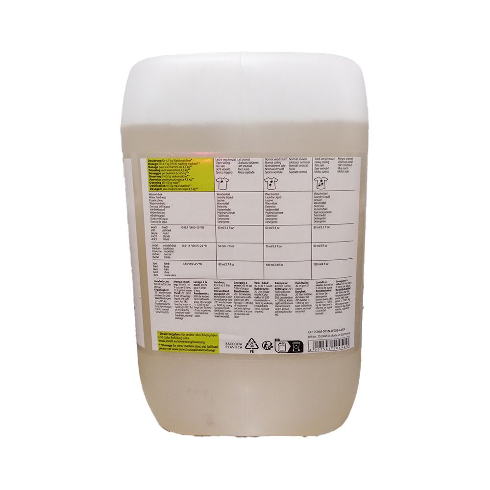 Kanister mit Waschmittel. Weißer Deckel, transparente Flüssigkeit. Rückseite mit Text und Piktogrammen.