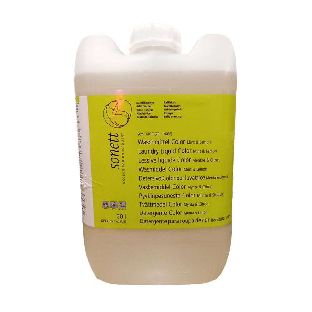 Kanister mit Waschmittel. Grünes Etikett mit Produktinformationen. Marke 'sonett' sichtbar.