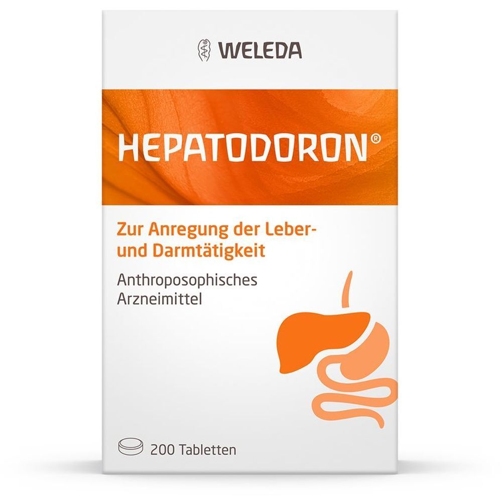 Weleda-Verpackung mit "HEPATODORON". Orangefarbener Balken mit Text. Illustration von Leber und Darm. 200 Tabletten.
