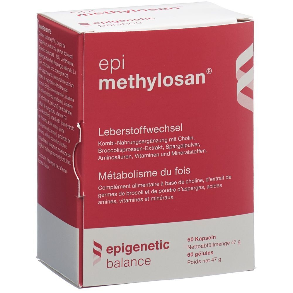 Karton von epimethylosan®. Rote und weiße Verpackung. Text: Leberstoffwechsel, 60 Kapseln, epigenetic balance.