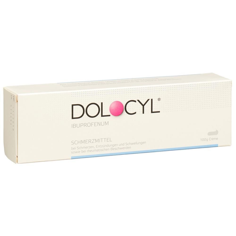 Weiße rechteckige Faltschachtel. Aufschrift DOLOCYL, darunter Ibuprofenum. Darunter SCHMERZMITTEL. Rechts 100g Creme.