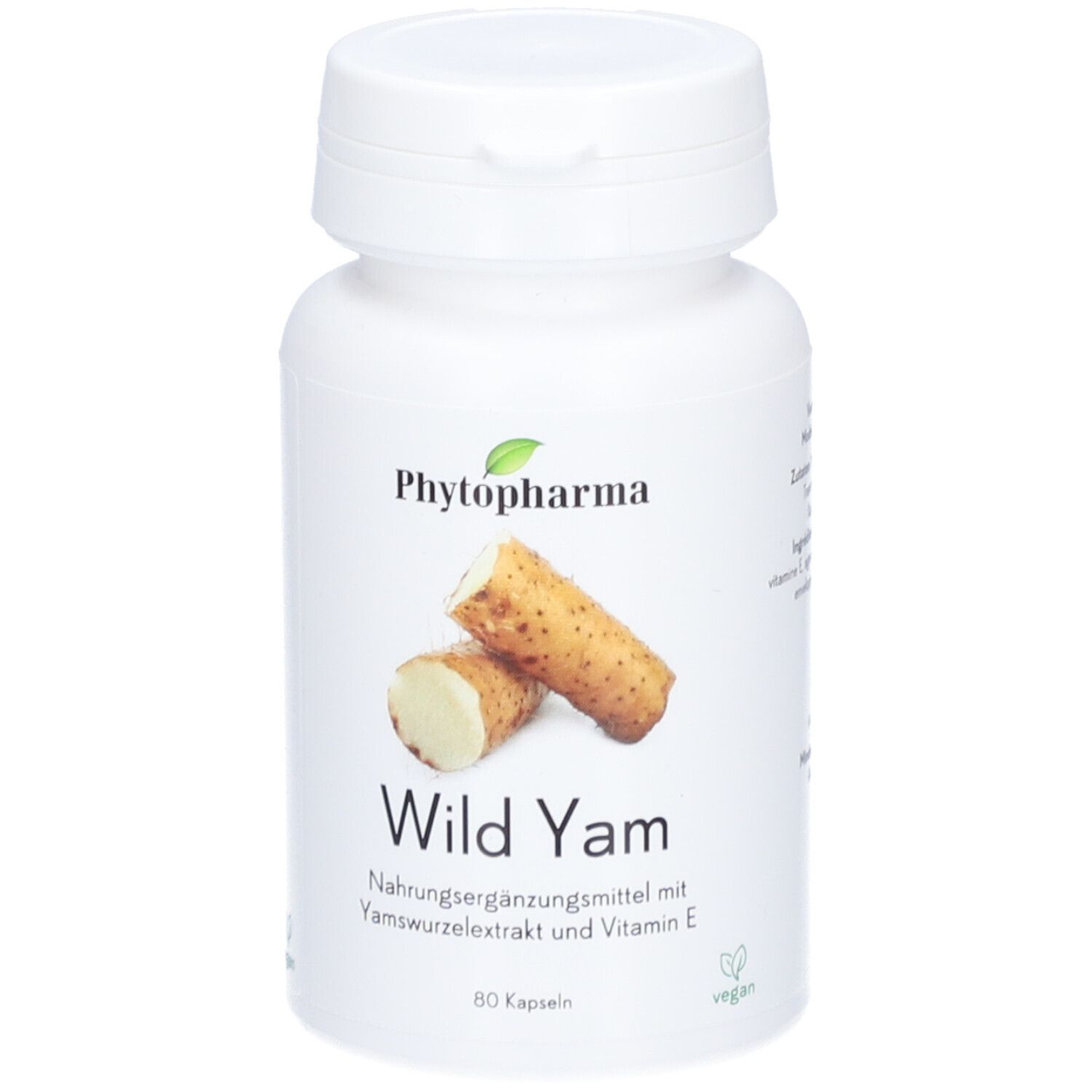 Weiße Flasche mit Kapseln. Aufschrift: PHYTOPHARMA, Wild Yam. Abbildung von Yamswurzeln. Vegan-Siegel.