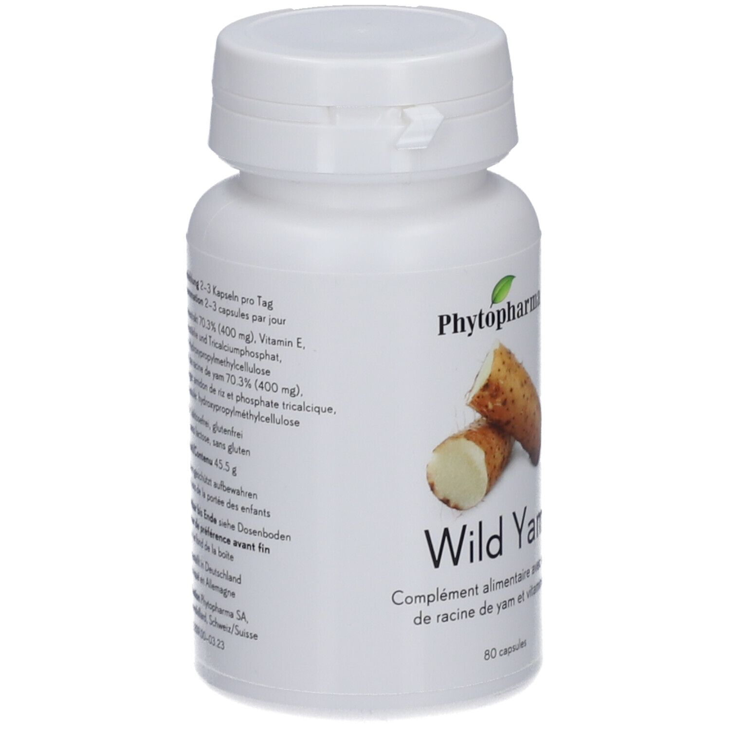 Weiße Flasche mit Kapseln. Aufschrift: PHYTOPHARMA, Wild Yam. Abbildung von Yamswurzeln. Vegan-Siegel.