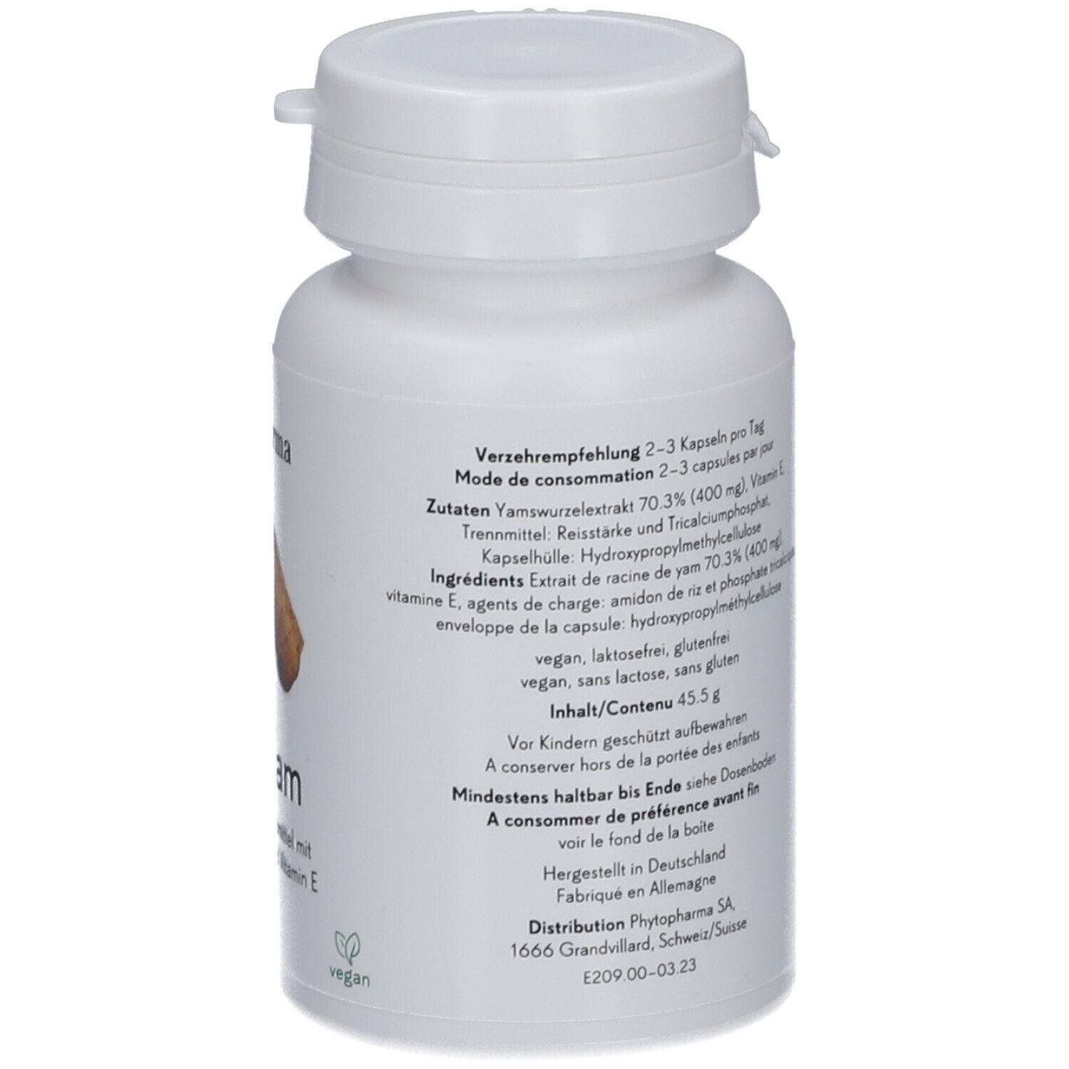 Weiße Flasche mit Kapseln. Aufschrift: PHYTOPHARMA, Wild Yam. Abbildung von Yamswurzeln. Vegan-Siegel.