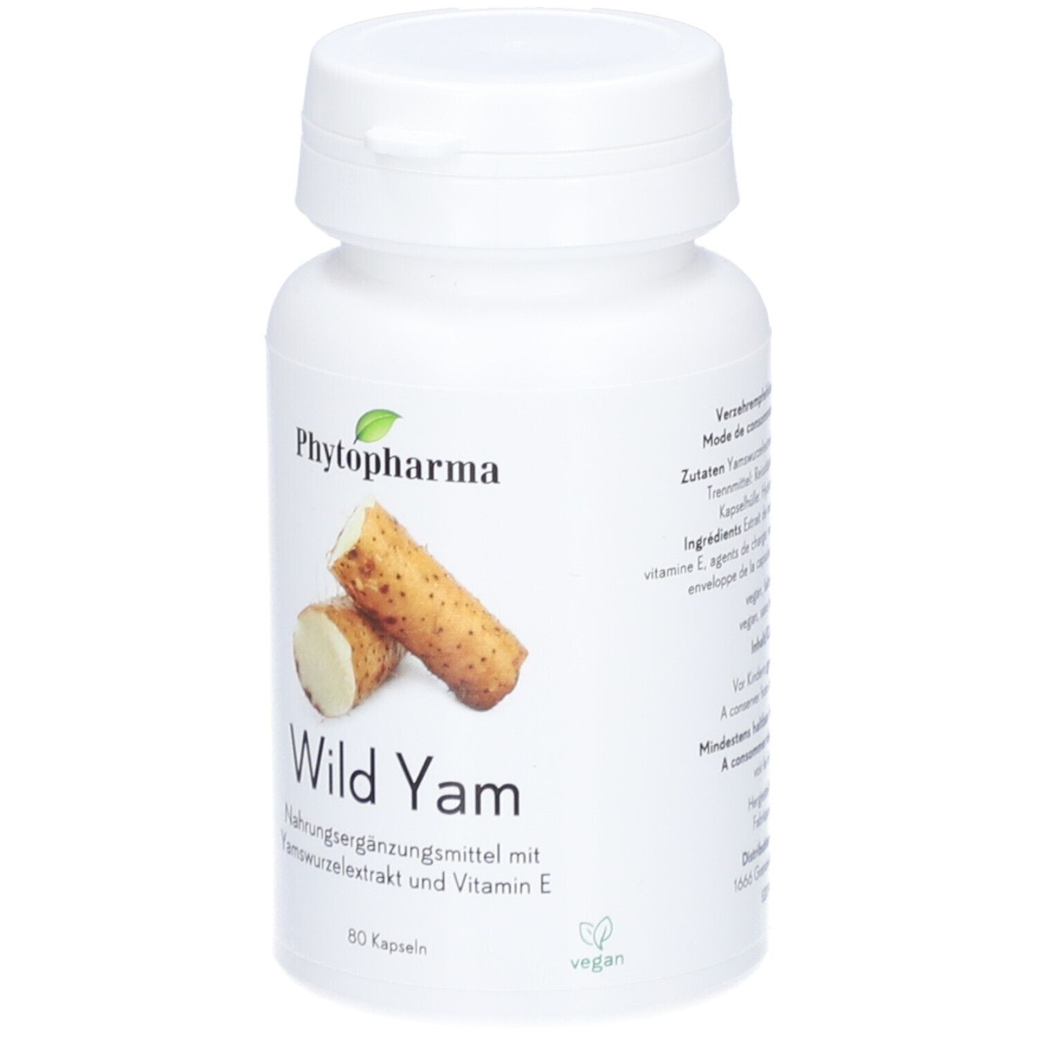 Weiße Flasche mit Kapseln. Aufschrift: PHYTOPHARMA, Wild Yam. Abbildung von Yamswurzeln. Vegan-Siegel.