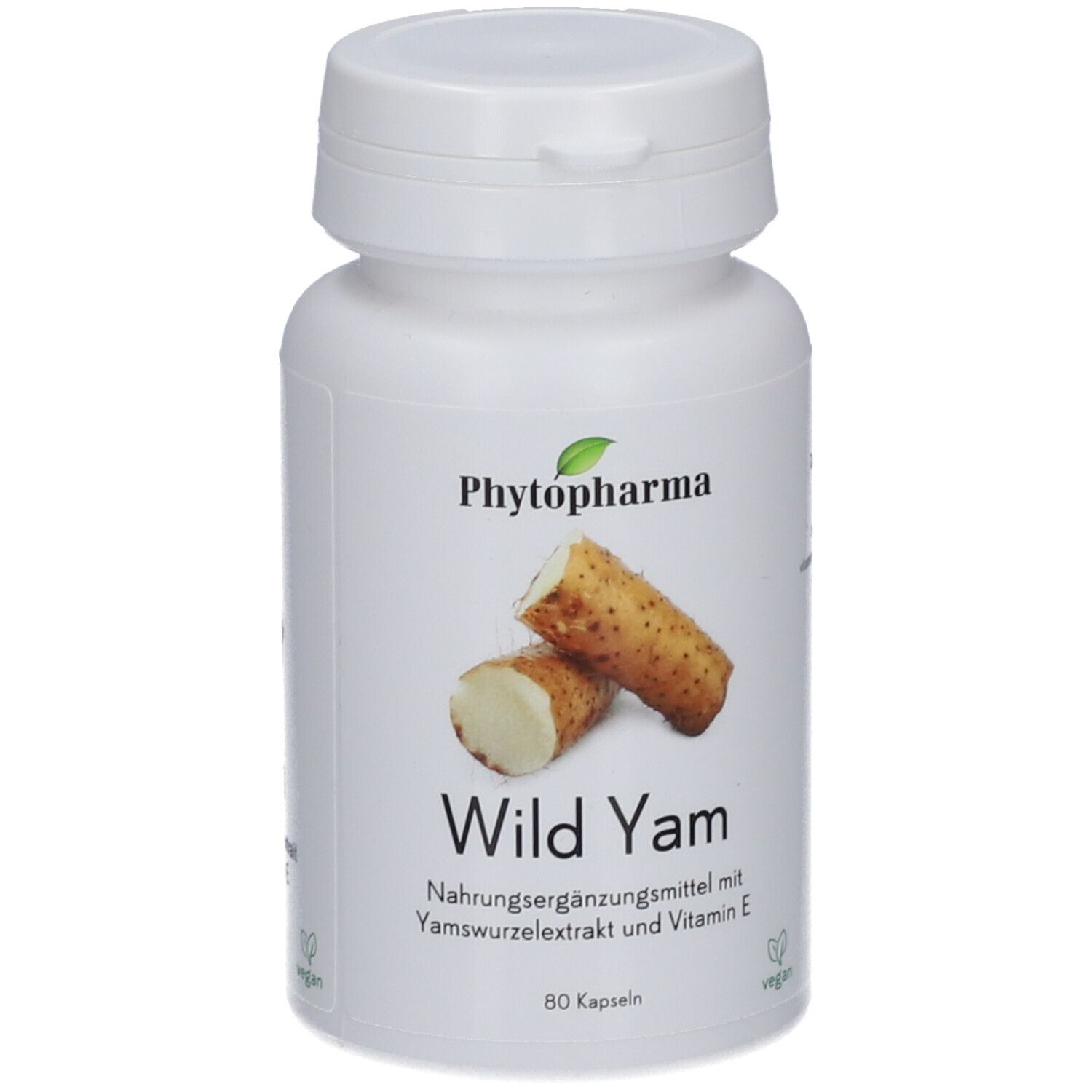 Weiße Flasche mit Kapseln. Aufschrift: PHYTOPHARMA, Wild Yam. Abbildung von Yamswurzeln. Vegan-Siegel.