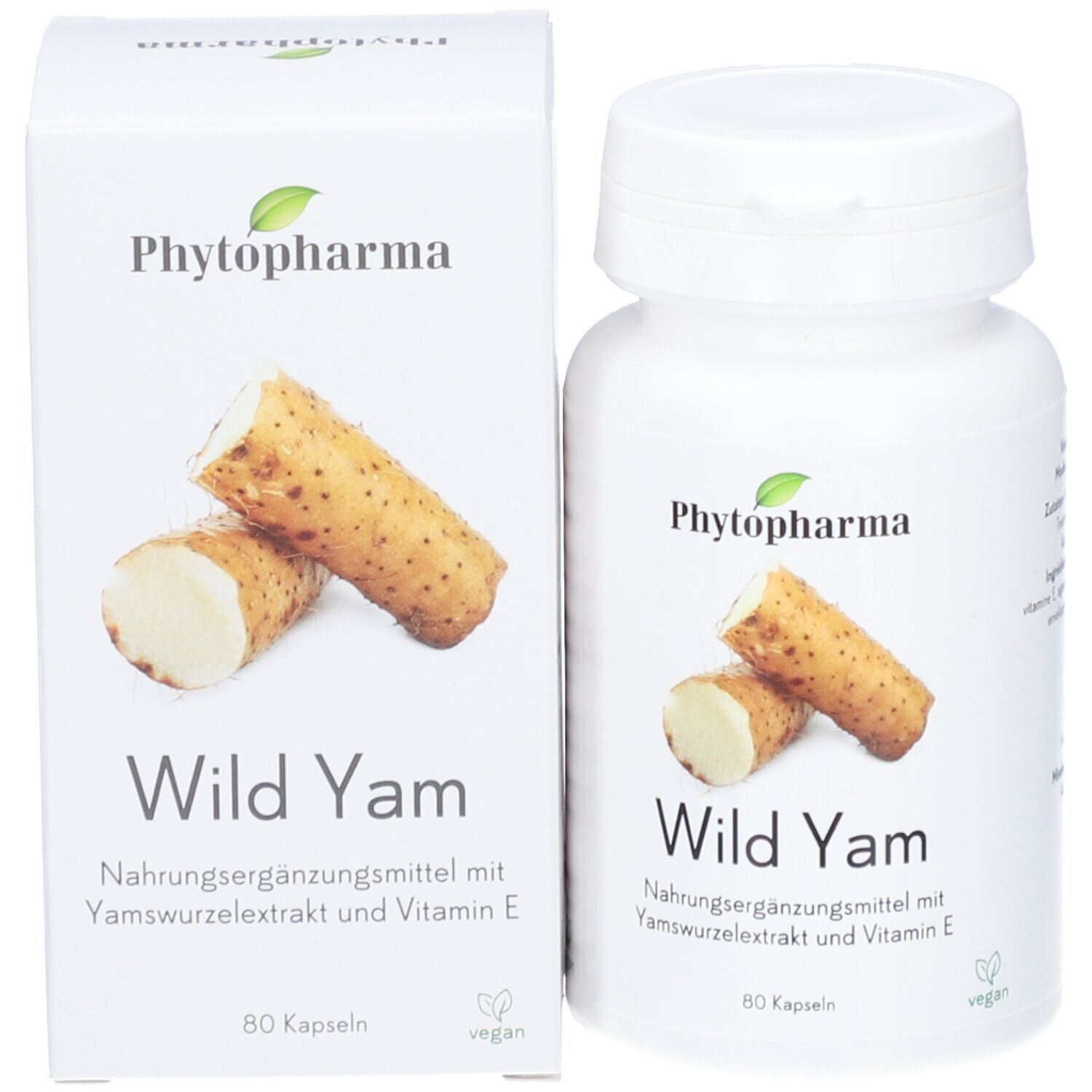 Weiße Flasche mit Kapseln. Aufschrift: PHYTOPHARMA, Wild Yam. Abbildung von Yamswurzeln. Vegan-Siegel.