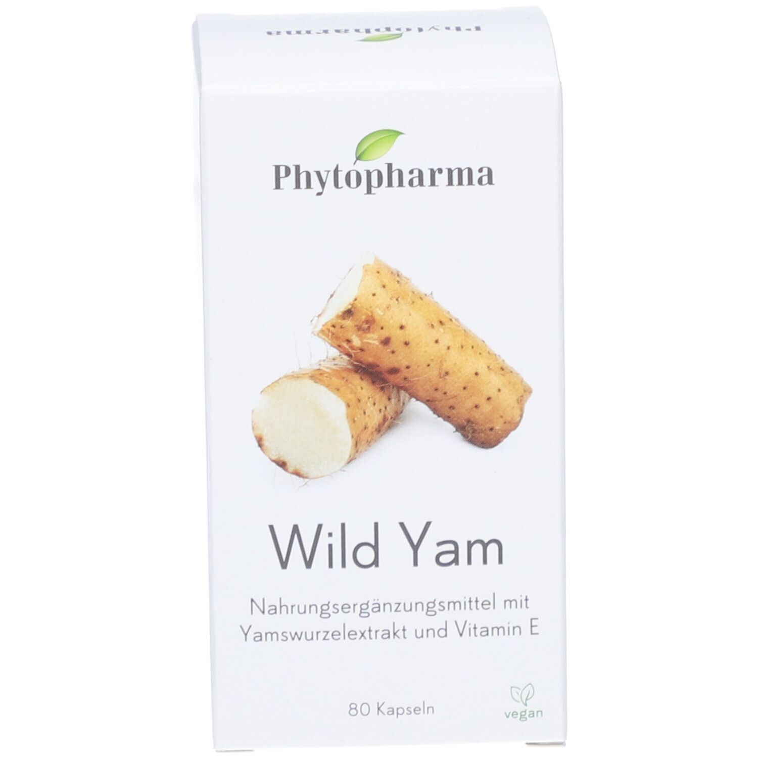 Weiße Flasche und Schachtel mit Kapseln. Aufschrift: PHYTOPHARMA, Wild Yam. Abbildung von Yamswurzeln. Vegan-Siegel.