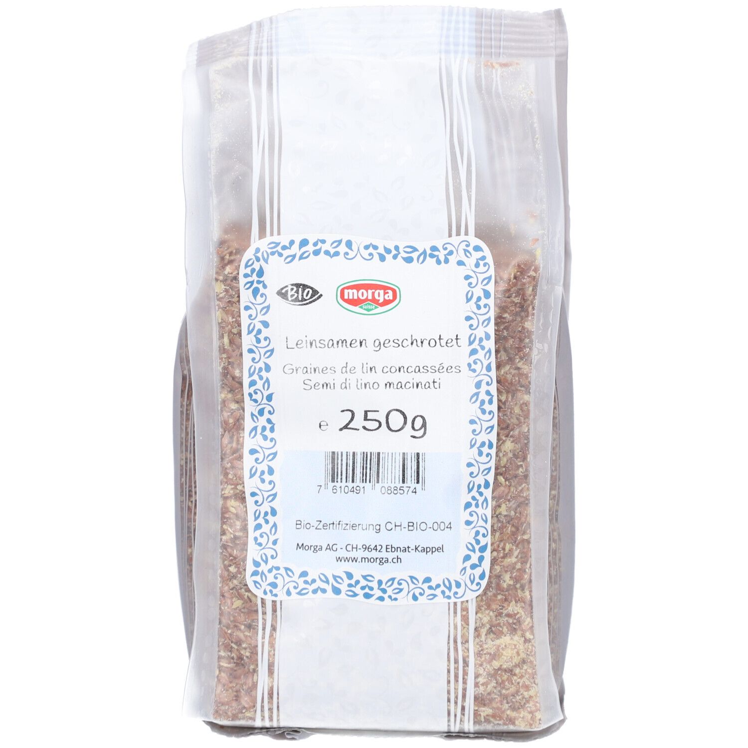 Sachet transparent de graines de lin concassées. Étiquette avec "Leinsamen geschrotet", logo "Bio" et 250g. Marque MORGA.