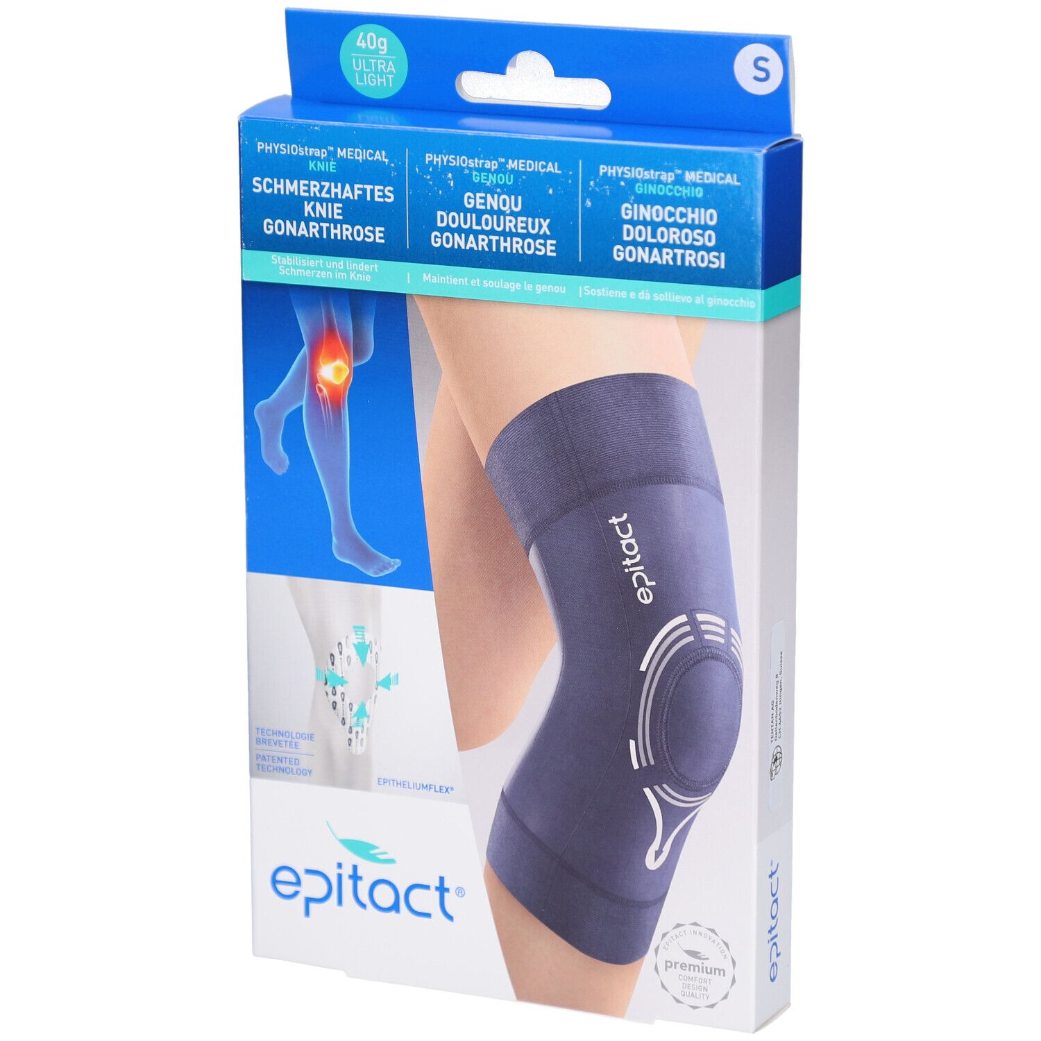 Verpackung mit Kniebandage. Produktname: EPITACT Physiostrap Knie. Größe S. Blaue Bandage am Bein abgebildet. Mehrsprachige Produktbezeichnungen.