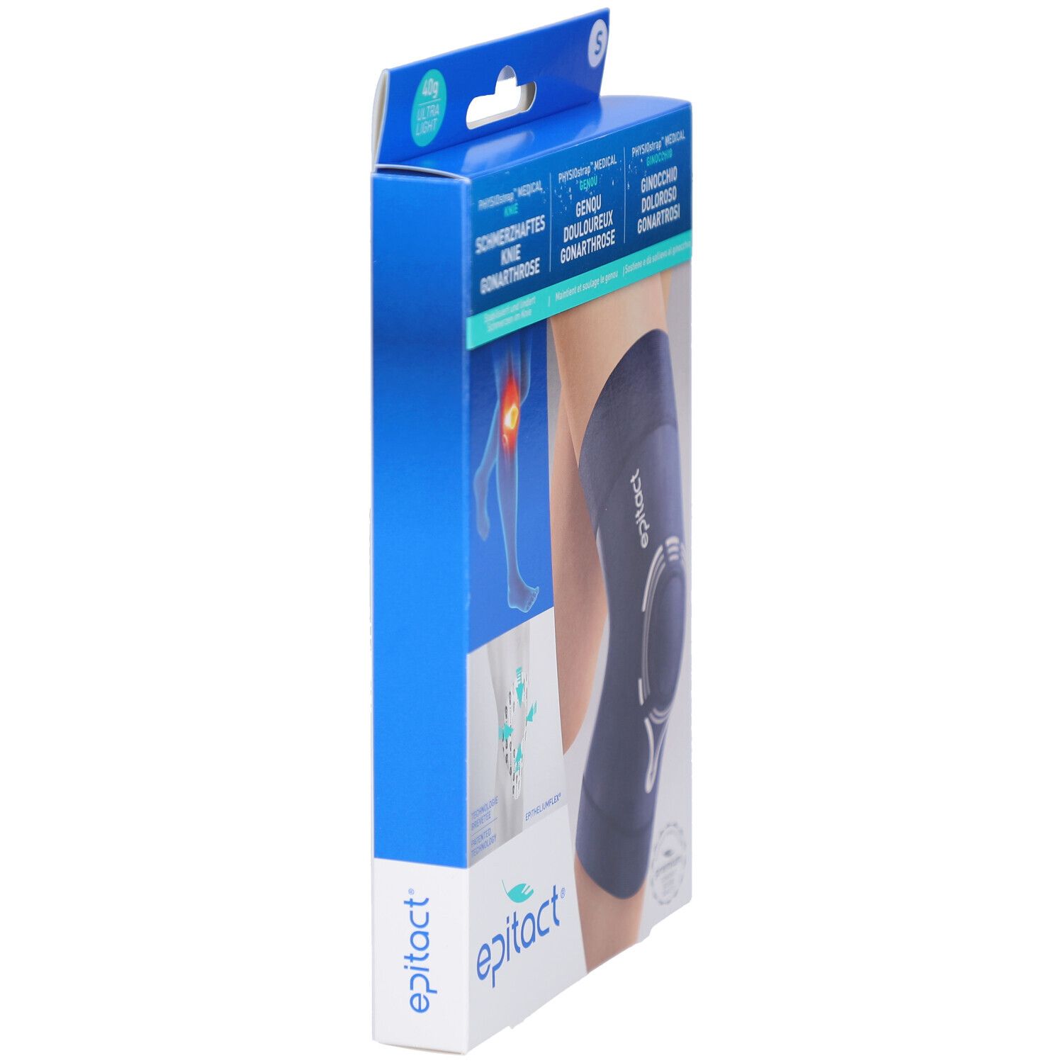 Seitenansicht der Verpackung. Produkt: EPITACT Physiostrap Knie. Blaue Verpackung mit Produktabbildung. Produktname und Logo sichtbar.