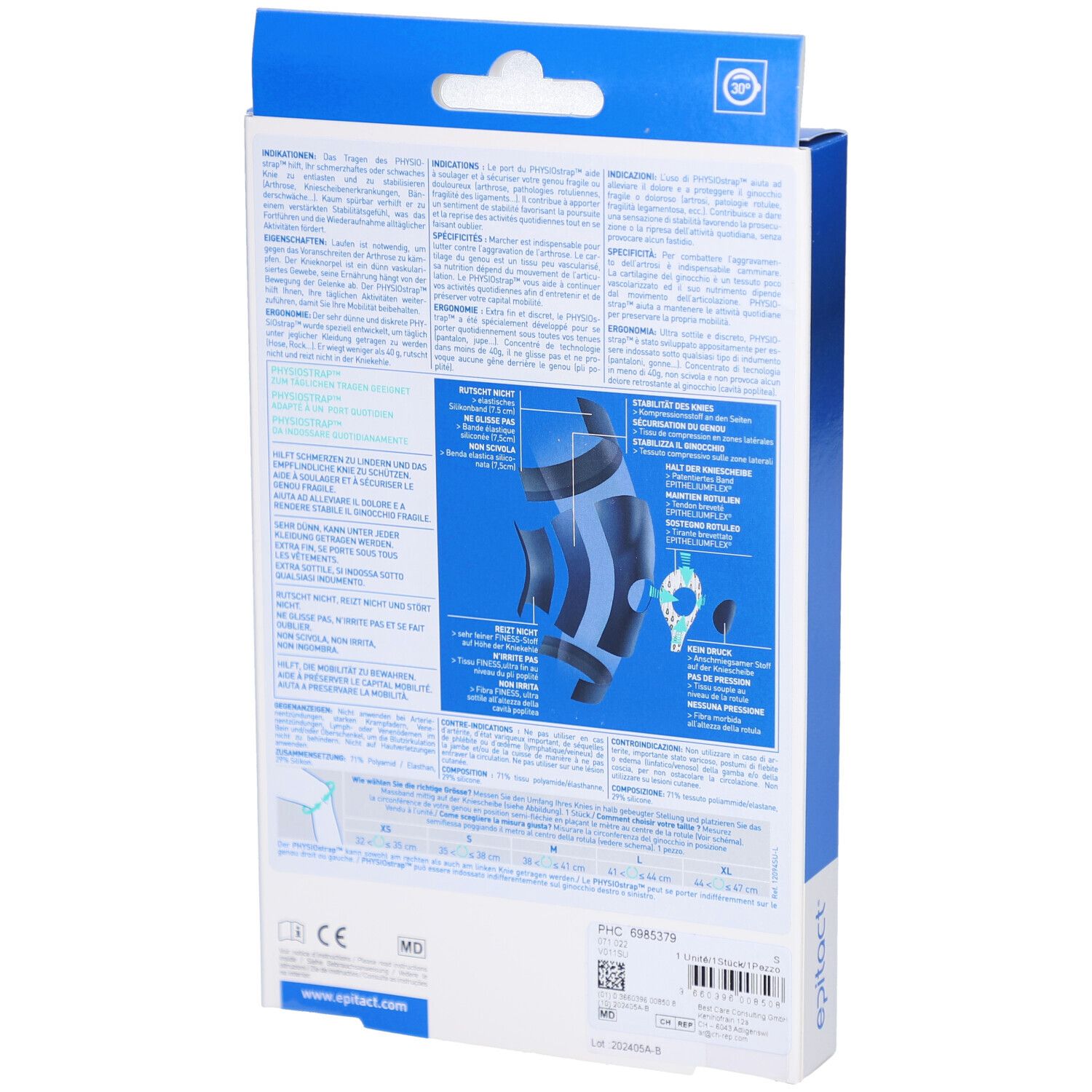 Rückseite der Verpackung. Produktinformationen und Logos. Produktname: EPITACT Physiostrap Knie. CE-Kennzeichnung.