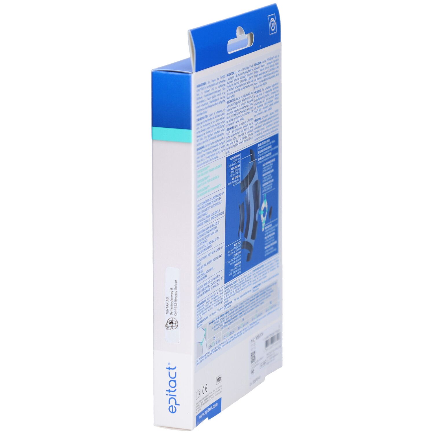 Seitenansicht der Verpackung. Produkt: EPITACT Physiostrap Knie. Blaue Verpackung mit Text. Logo EPITACT.