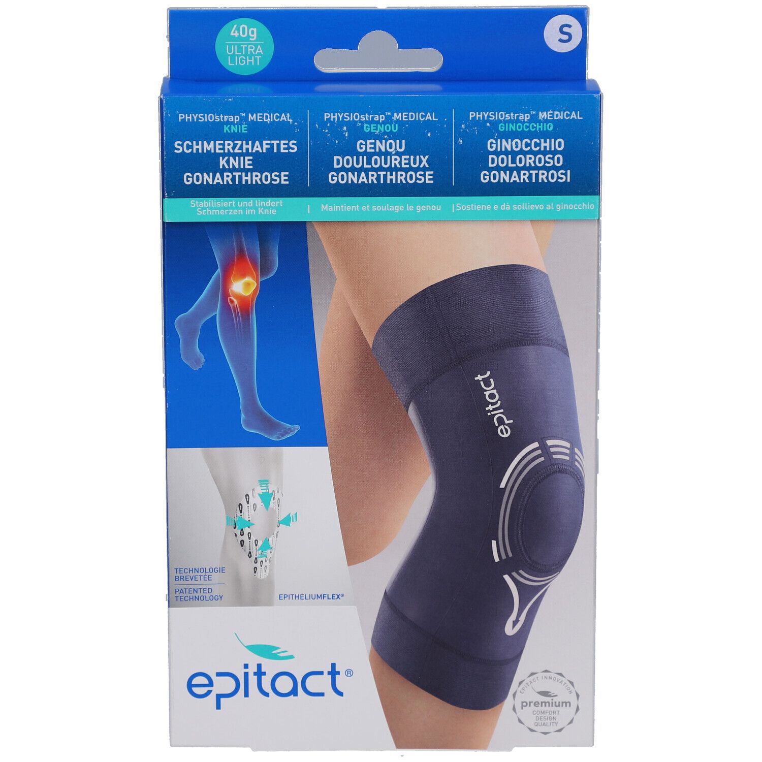 Verpackung mit Kniebandage. Produktname: EPITACT Physiostrap Knie. Größe S. Blaue Bandage am Bein abgebildet. Mehrsprachige Produktbezeichnungen.