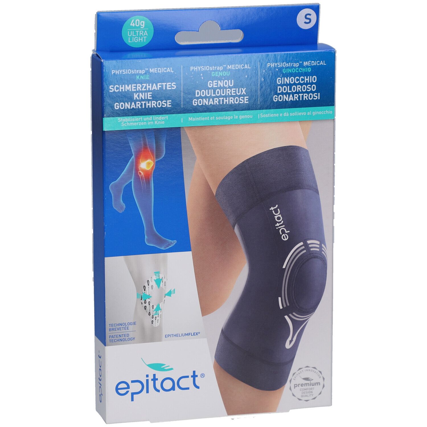 Verpackung mit Kniebandage. Produktname: EPITACT Physiostrap Knie. Größe S. Blaue Bandage am Bein abgebildet. Mehrsprachige Produktbezeichnungen.