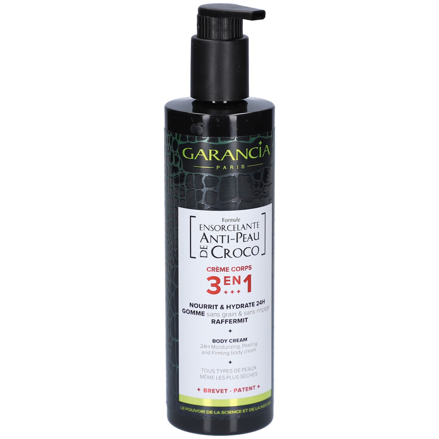 Schwarze Flasche mit Pumpverschluss. Aufschrift: GARANCIA, Anti-Peau de Croco, Crème Corps 3en1. Text in Französisch.