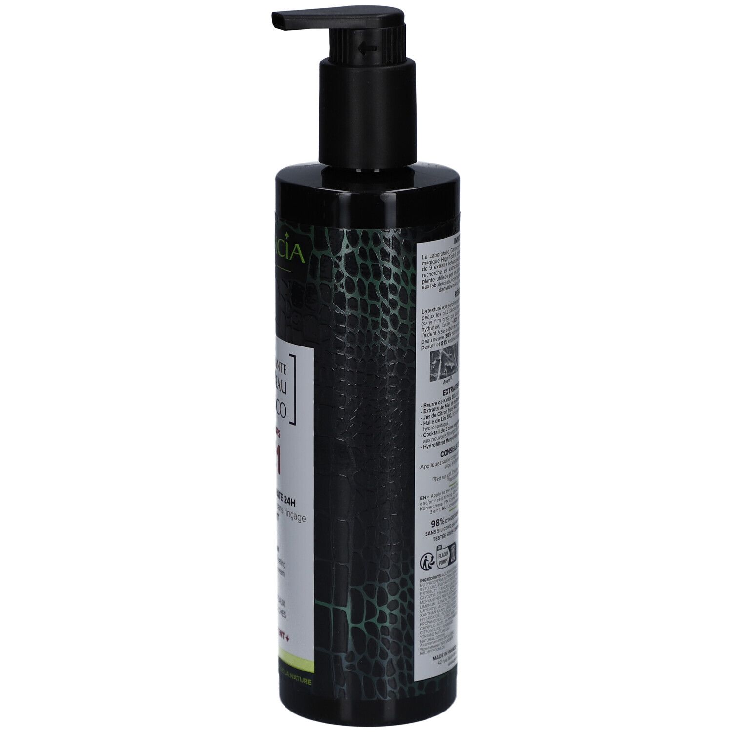 Schwarze Flasche mit Pumpverschluss. Seitliche Ansicht mit Text. Grün-schwarzes Muster. Text in Französisch.