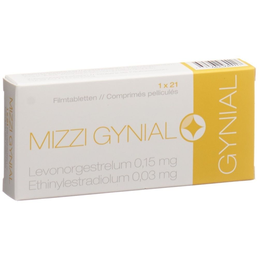 Kartonverpackung, weiß mit gelbem Akzent. Aufschrift: MIZZI Gynial. Rechteckige Form. Produktverpackung.