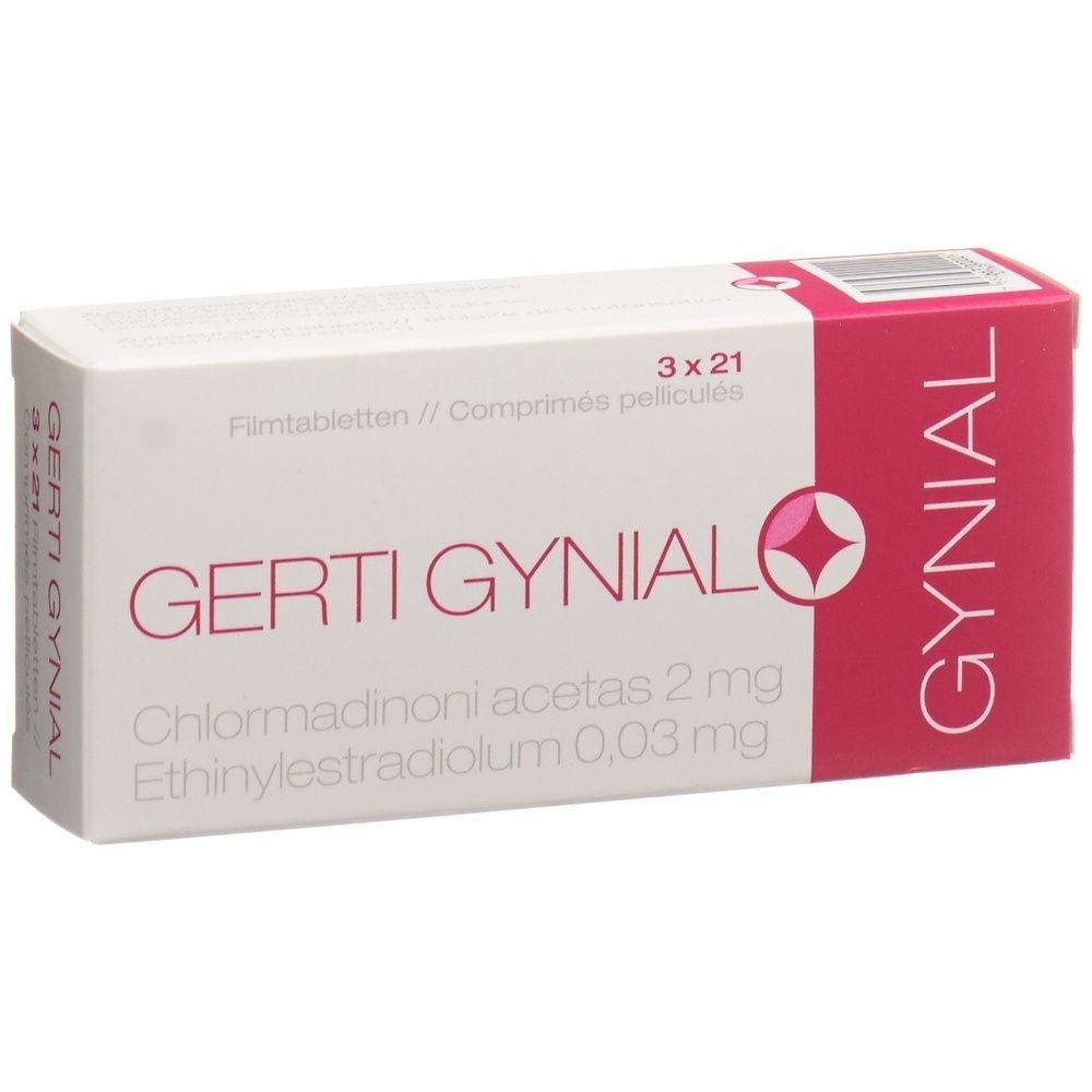 Emballage carton GERTI Gynial. Forme rectangulaire, blanc avec accent rose. Texte visible.