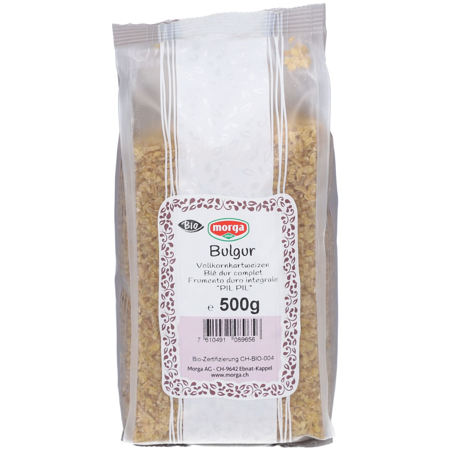 MORGA Bulgur Bio, emballage de 500g. Emballage transparent avec informations et label bio.