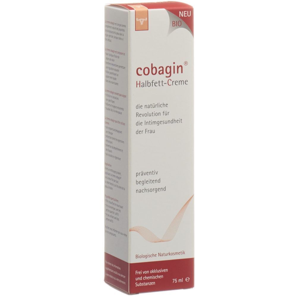 Emballage blanc et rouge avec nom et texte du produit. Contient 75 ml. Inscription: COBAGIN Halbfett-Creme. Certification bio.