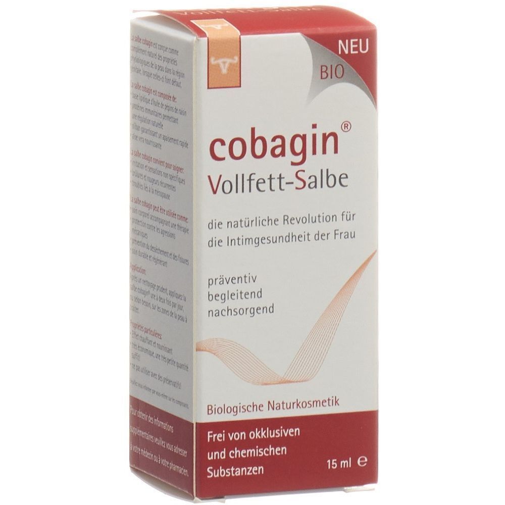 Boîte de COBAGIN Vollfett-Salbe. Boîte blanche avec accent rouge. Inscription : COBAGIN, Vollfett-Salbe, BIO, 15 ml.