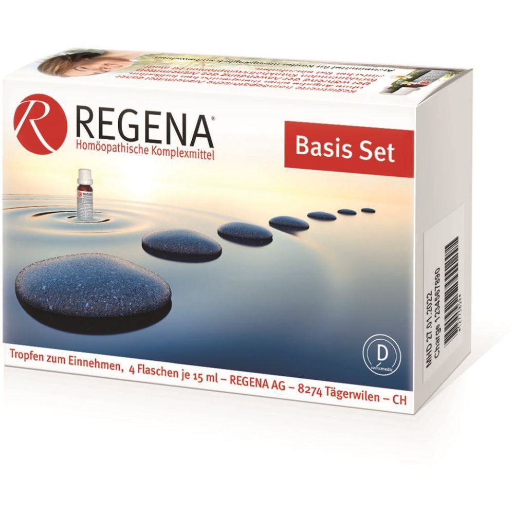 Boîte "REGENA Basis Set". Contient 4 flacons de gouttes. Inscription : "Homöopathische Komplexmittel". Sceau D. Fond : pierres dans l'eau.