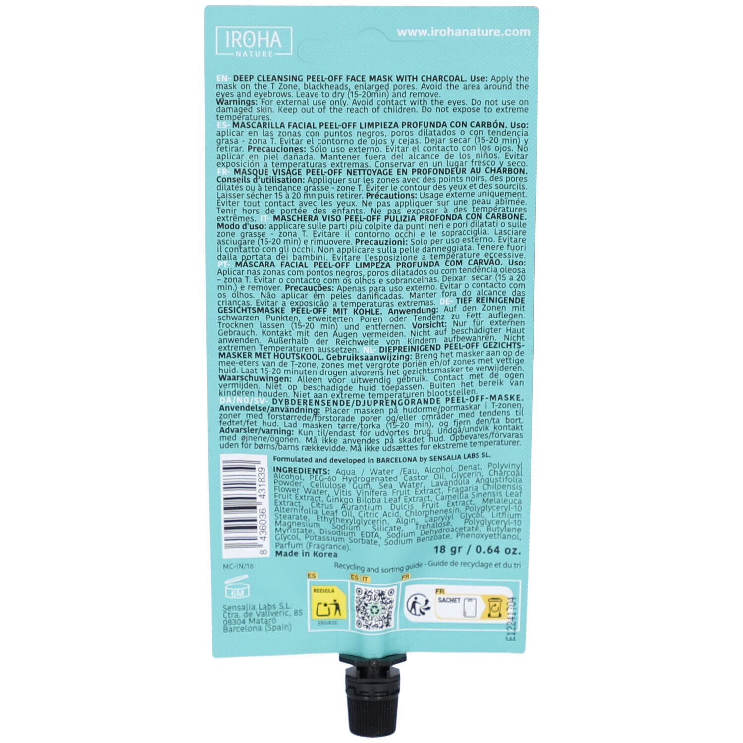 Rückseite der Gesichtsmaskenverpackung. Text in mehreren Sprachen. Enthält Informationen zu Inhaltsstoffen und Anwendung.