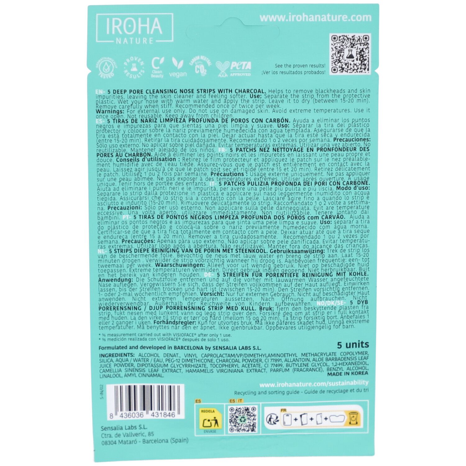 Dos du paquet avec informations produit et ingrédients. Texte multilingue. Code QR et consignes de recyclage.