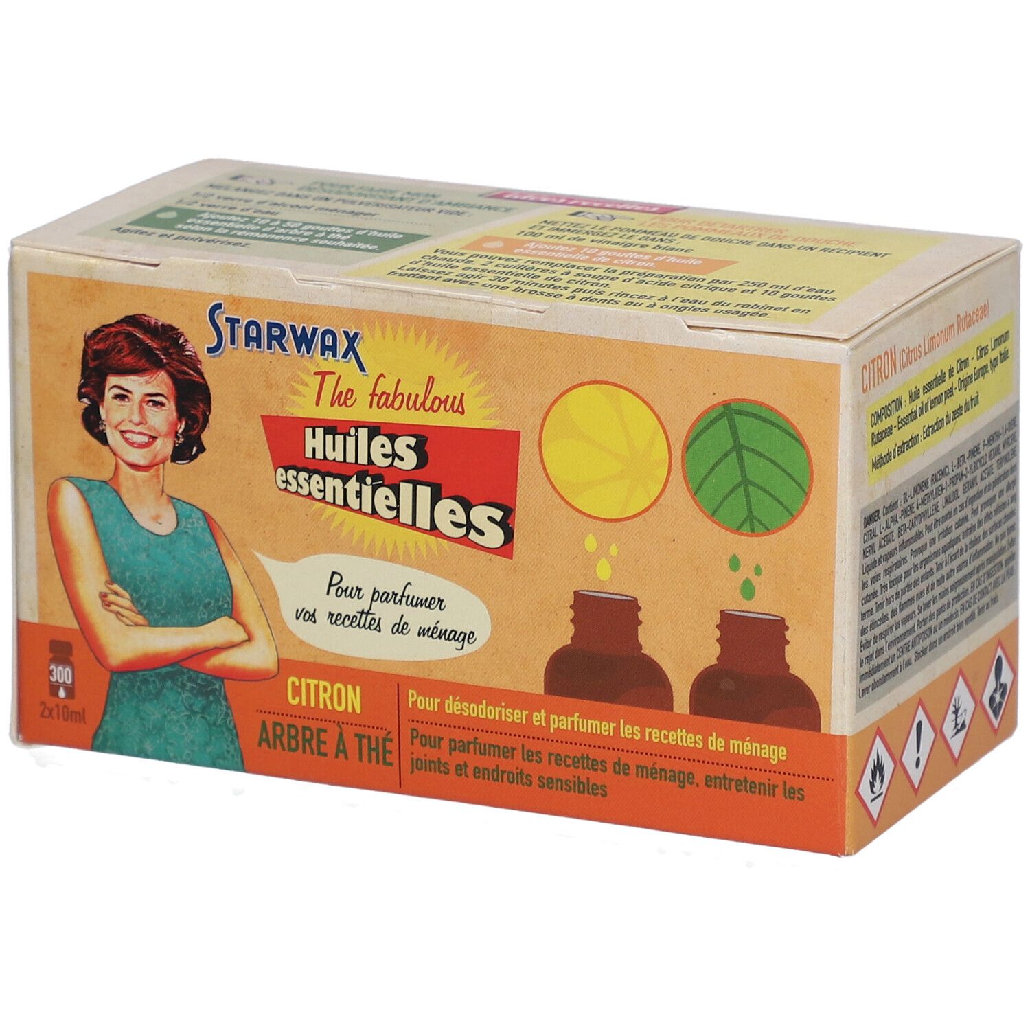 Kartonverpackung mit Produktabbildung. Aufschrift: Starwax, Huiles essentielles. Abbildung einer Frau und Produktnamen.