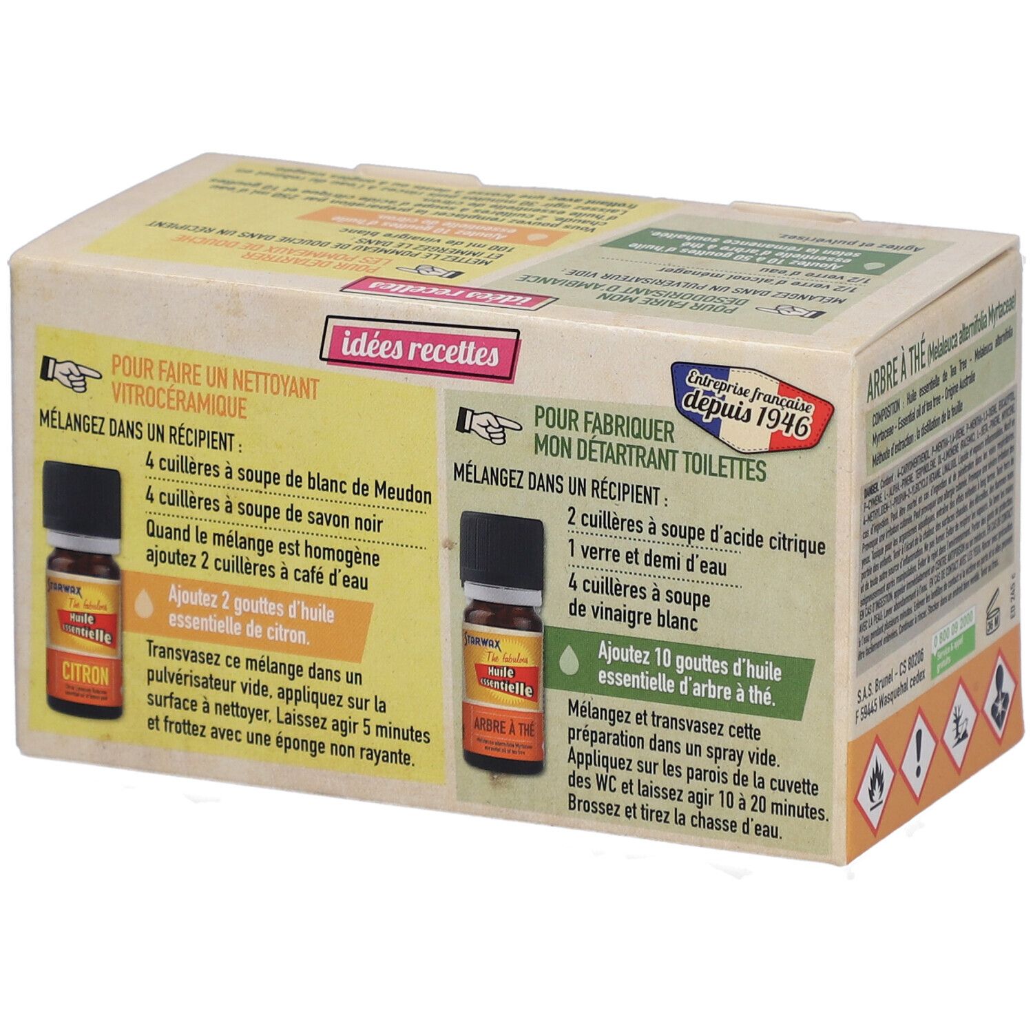 Kartonverpackung mit Rezepten. Abbildungen von Fläschchen. Aufschrift: Idées recettes. Anweisungen zur Herstellung von Reinigungsmitteln.