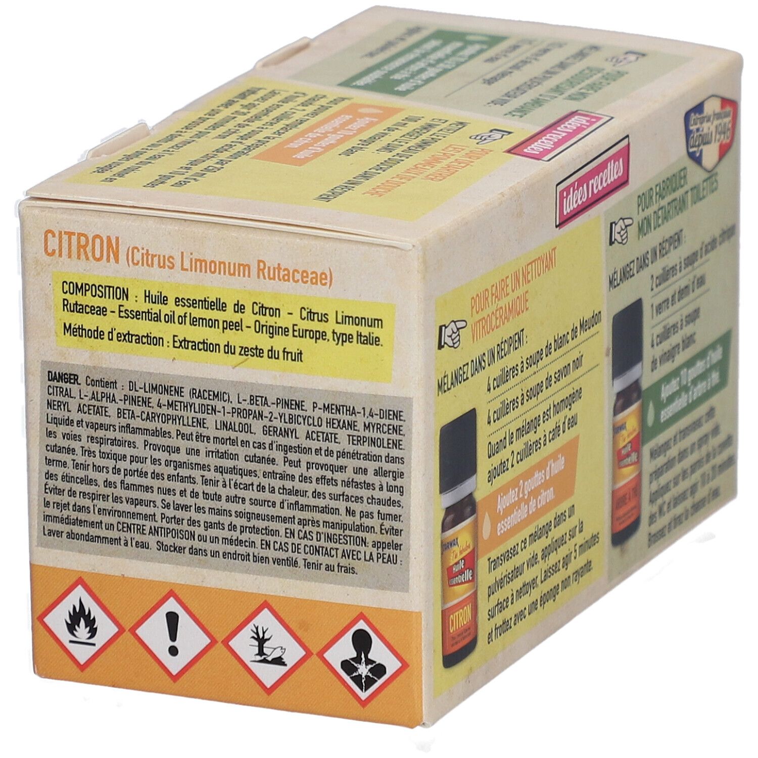 Kartonverpackung mit Produktinformationen. Aufschrift: Citron, Huile essentielle. Inhaltsstoffe und Gefahrensymbole.