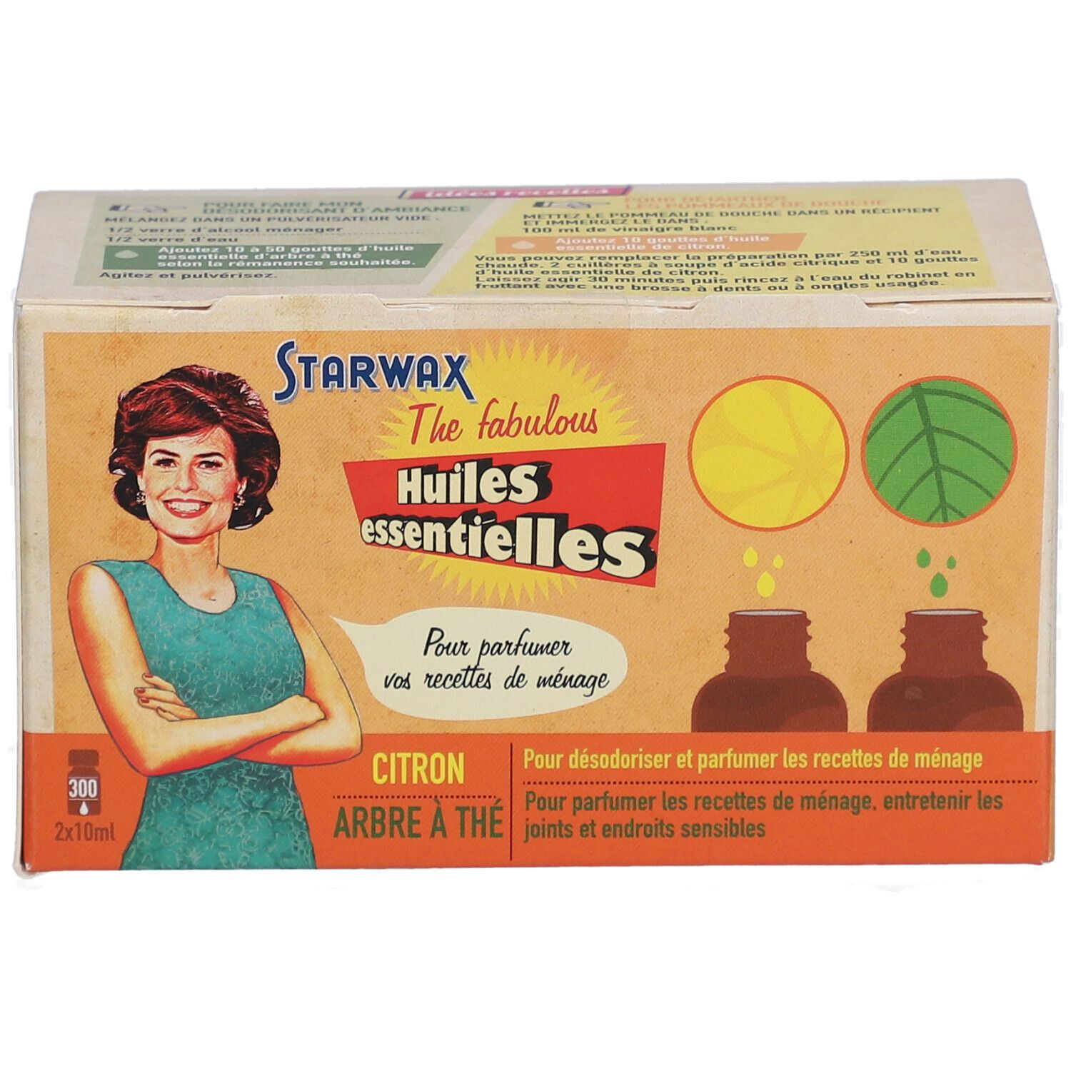 Kartonverpackung mit Produktabbildung. Aufschrift: Starwax, Huiles essentielles. Abbildung einer Frau und Produktnamen.