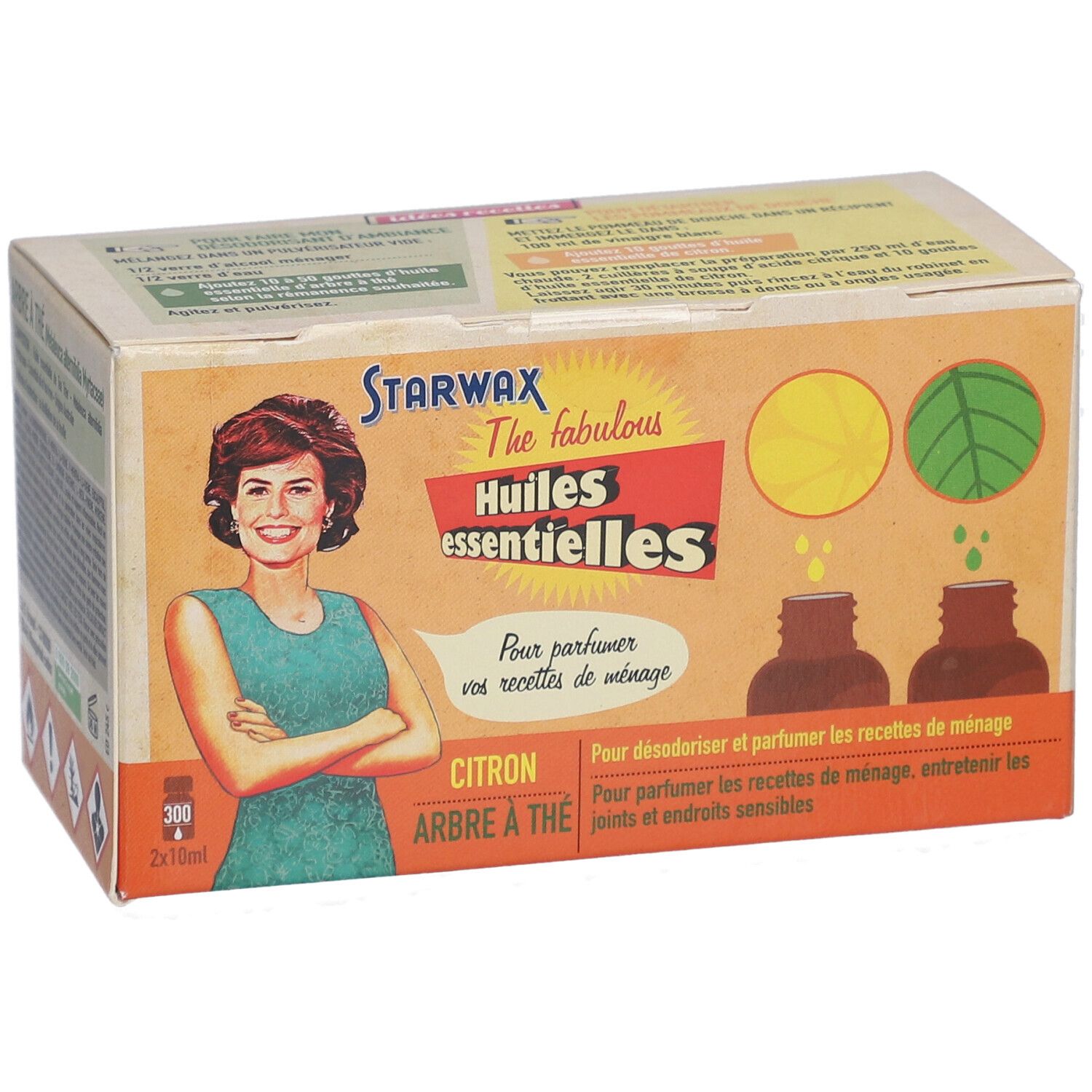 Kartonverpackung mit Produktabbildung. Aufschrift: Starwax, Huiles essentielles. Abbildung einer Frau und Produktnamen.