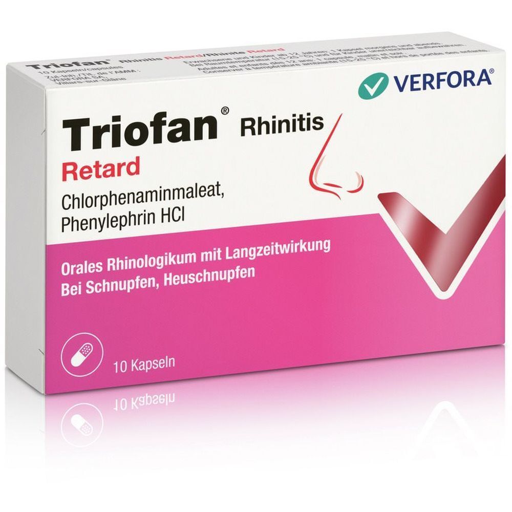 Verfora Triofan Rhinitis Retard Packung. Weiße Schachtel mit rosa Fläche. Enthält 10 Kapseln. Aufschrift: Chlorphenaminmaleat, Phenylephrin HCl.