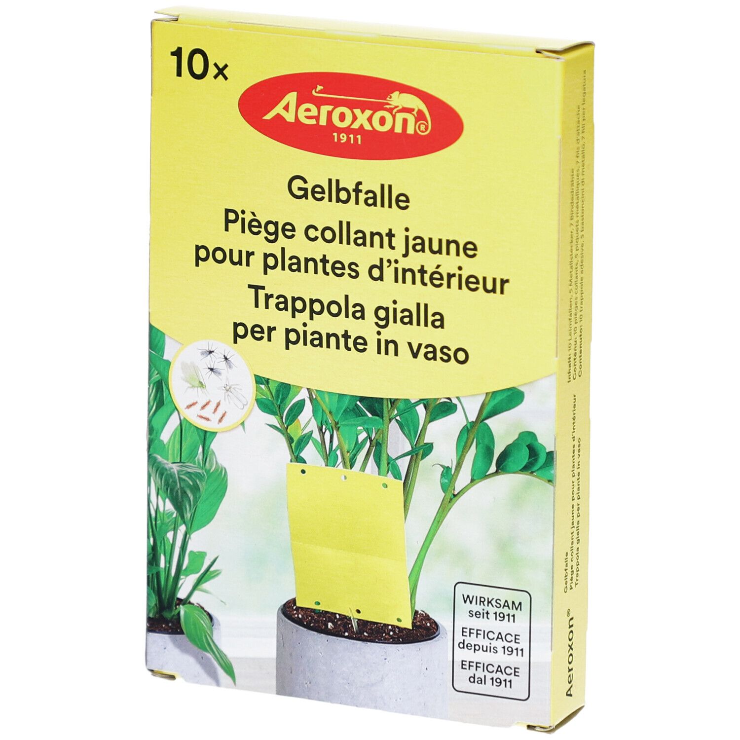 Gelbfalle-Verpackung mit Produkt und Pflanze. Gelbe Falle im Topf. Text: AeroXon, Gelbfalle, 10x.