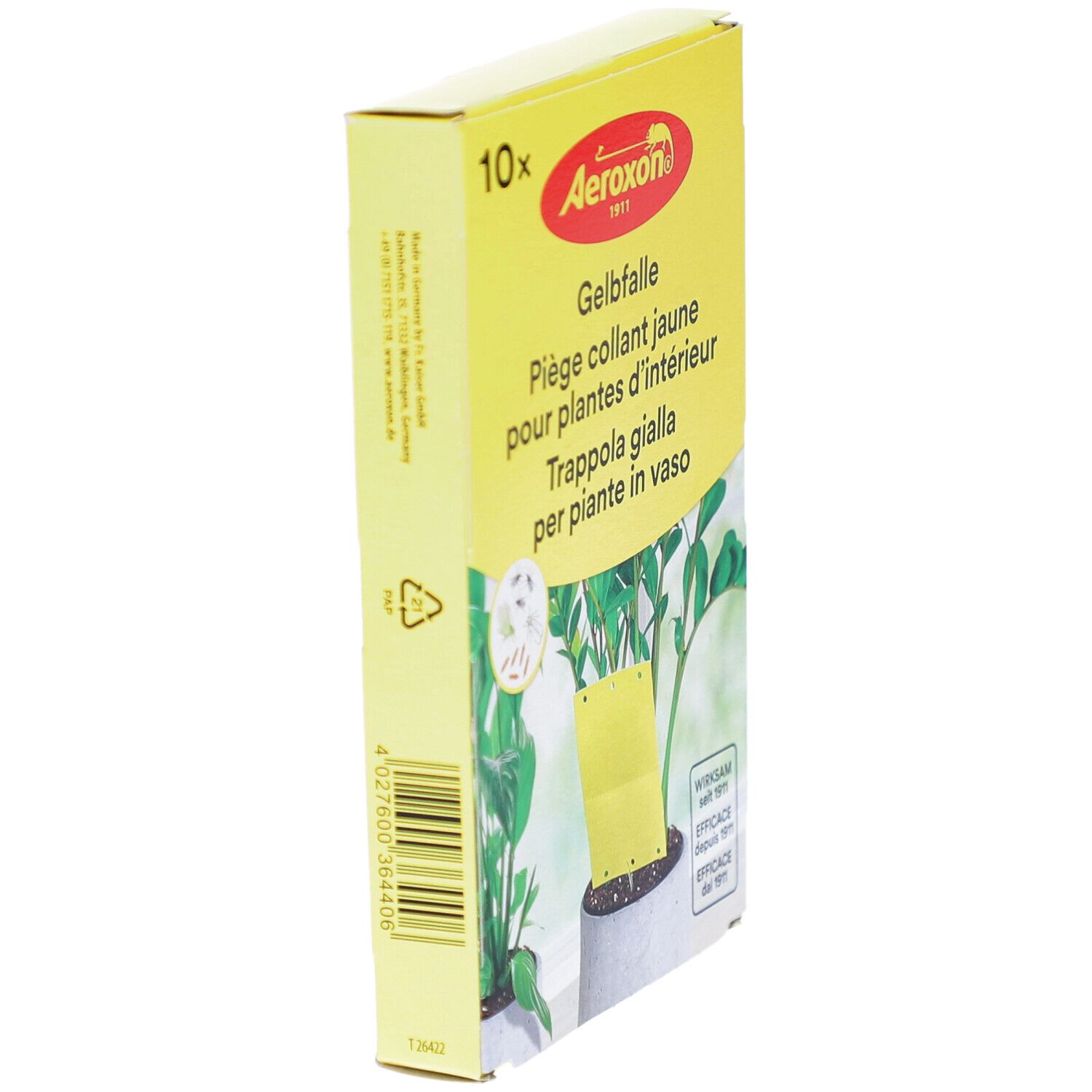 Gelbfalle-Verpackung, schräg. Gelbe Falle im Topf. Text: AeroXon, Gelbfalle, 10x. Seite mit Recycling-Symbol.