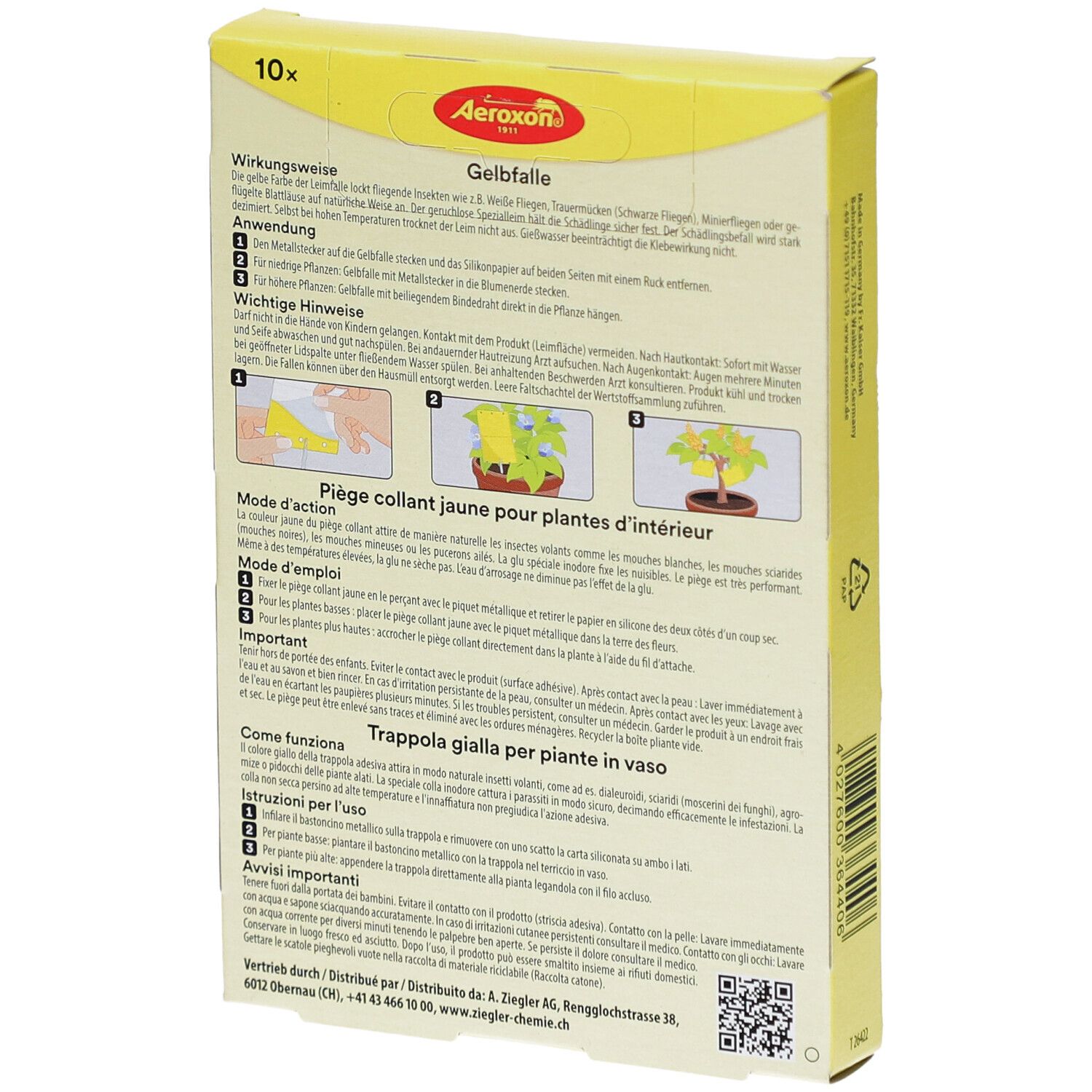 Rückseite der Gelbfalle-Verpackung. Text und Illustrationen zur Anwendung. QR-Code und Kontaktinformationen.