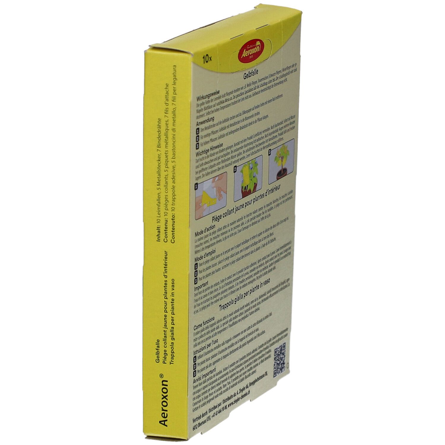 Gelbfalle-Verpackung, schräg. Text: AeroXon, Gelbfalle, 10x. Seite mit Text und Illustrationen.