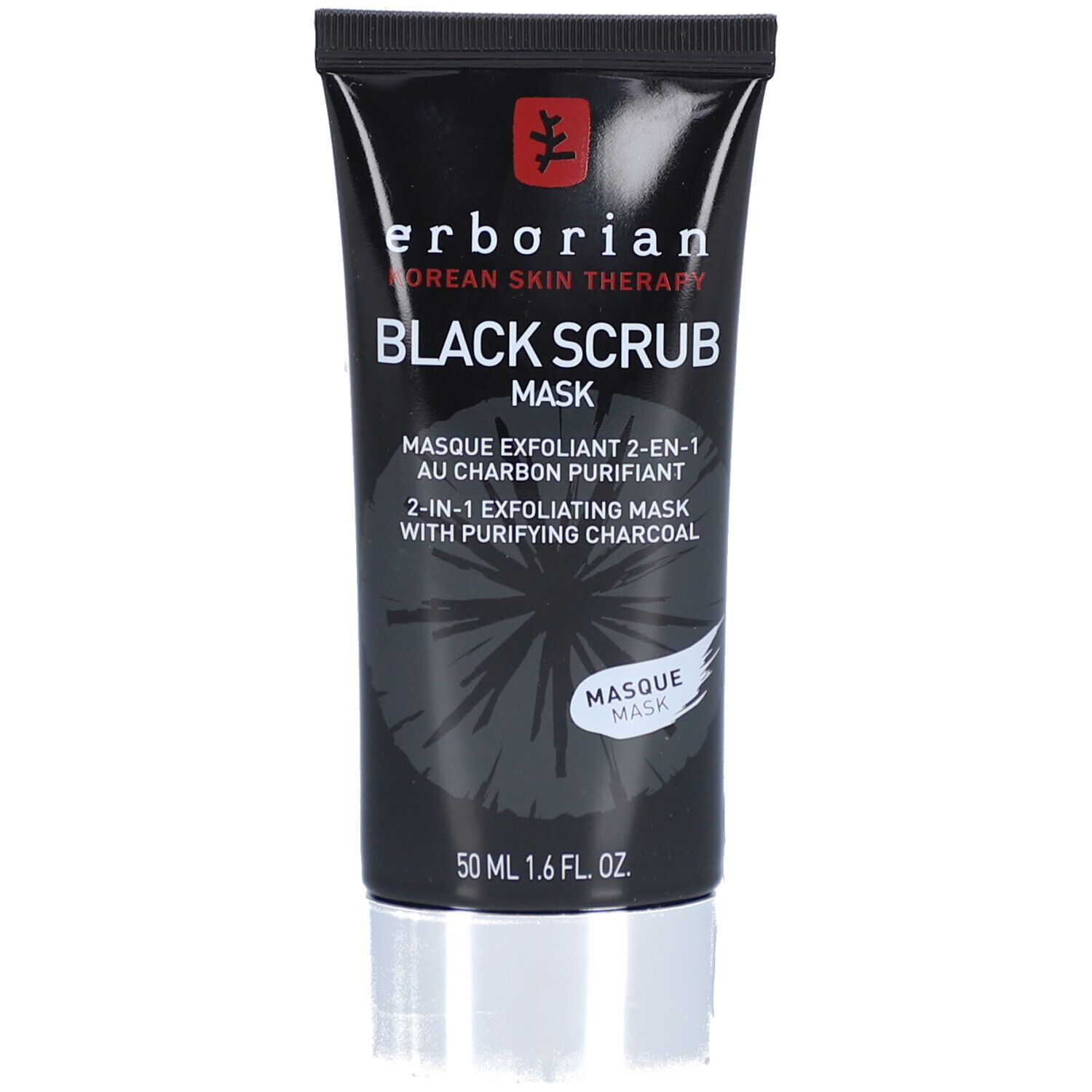 Schwarze Tube mit schwarzem Deckel. Erborian Black Scrub Maske. Text und Logo. 50 ml.