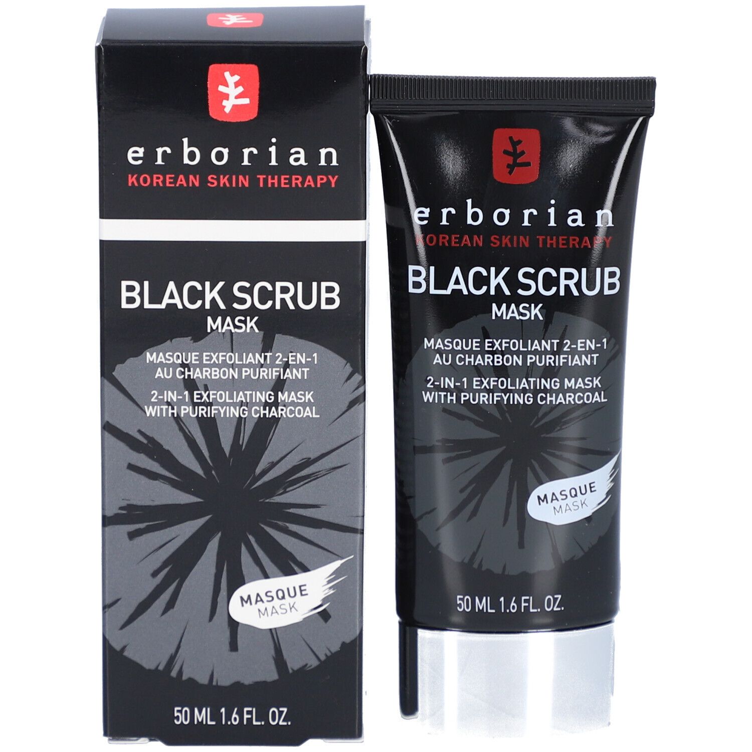 Schwarze Schachtel und Tube. Erborian Black Scrub Maske. Text und Logo. 50 ml.
