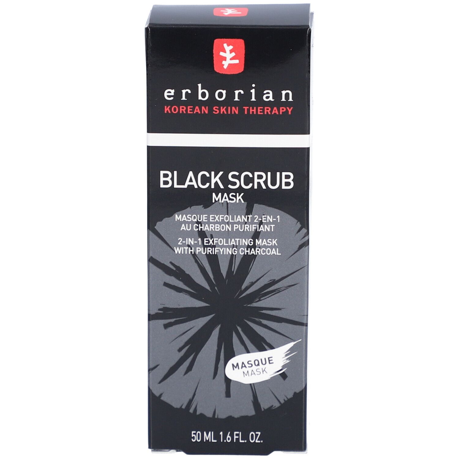 Schwarze Schachtel. Erborian Black Scrub Maske. Text und Logo. 50 ml.
